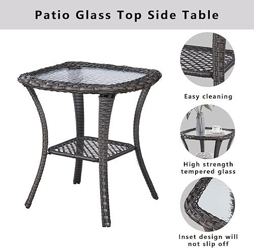 Miniatura 3 de Mesa auxiliar de ratán para patio, mesa de mimbre tejida a mano de 2 niveles, mesa cuadrada de cristal esmerilado de 0.197 in, mimbre gris