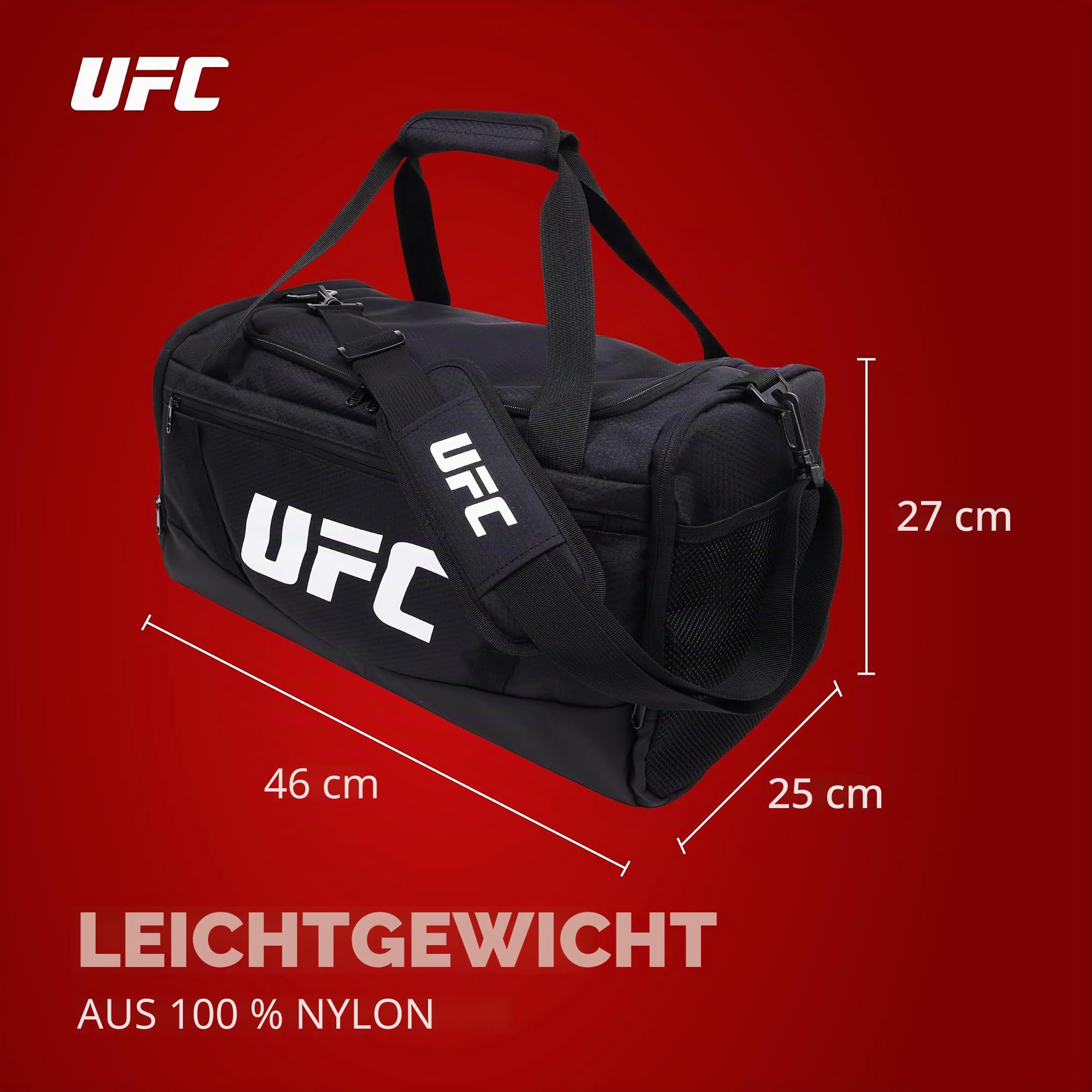 UFC Turnbeutel, 45,7 cm, Handgepäck, mittlere Reisetasche, Reisetasche für Damen und Herren, Schuhfach, MMA-Trainingsgeräte und Sportzubehör, Schwarz