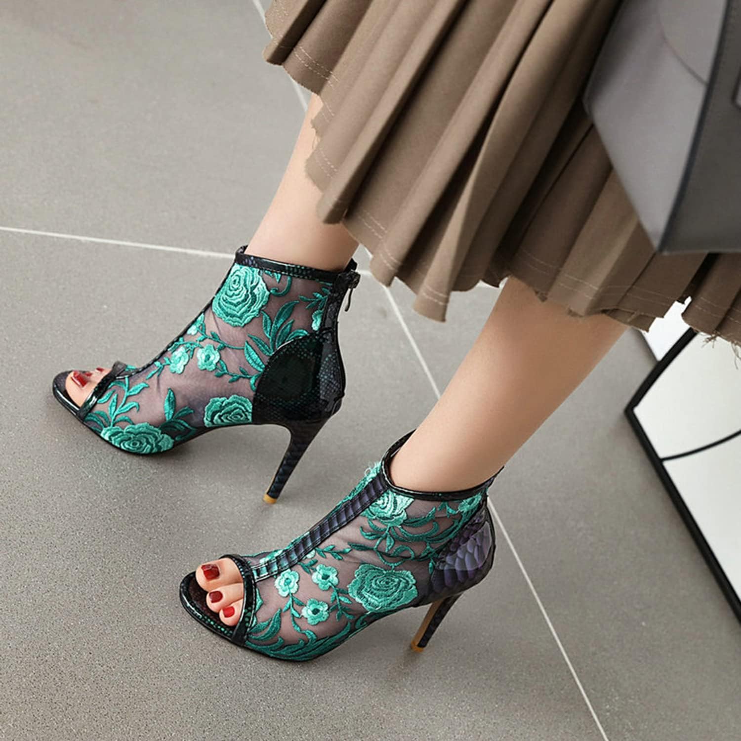 Damskie koronkowe siatkowe kwiaty haftowane szpilki botki peep toe tył zamek błyskawiczny bootie lato moda klub nocny impreza czółenka buty uda