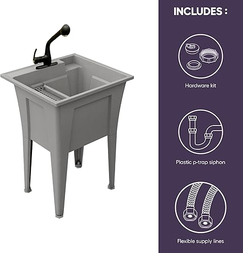 Miniatura 9 de Fregadero utilitario con grifo de plástico negro de una sola manija  Fregadero de lavandería de polipropileno, garaje blanco para uso en interiores