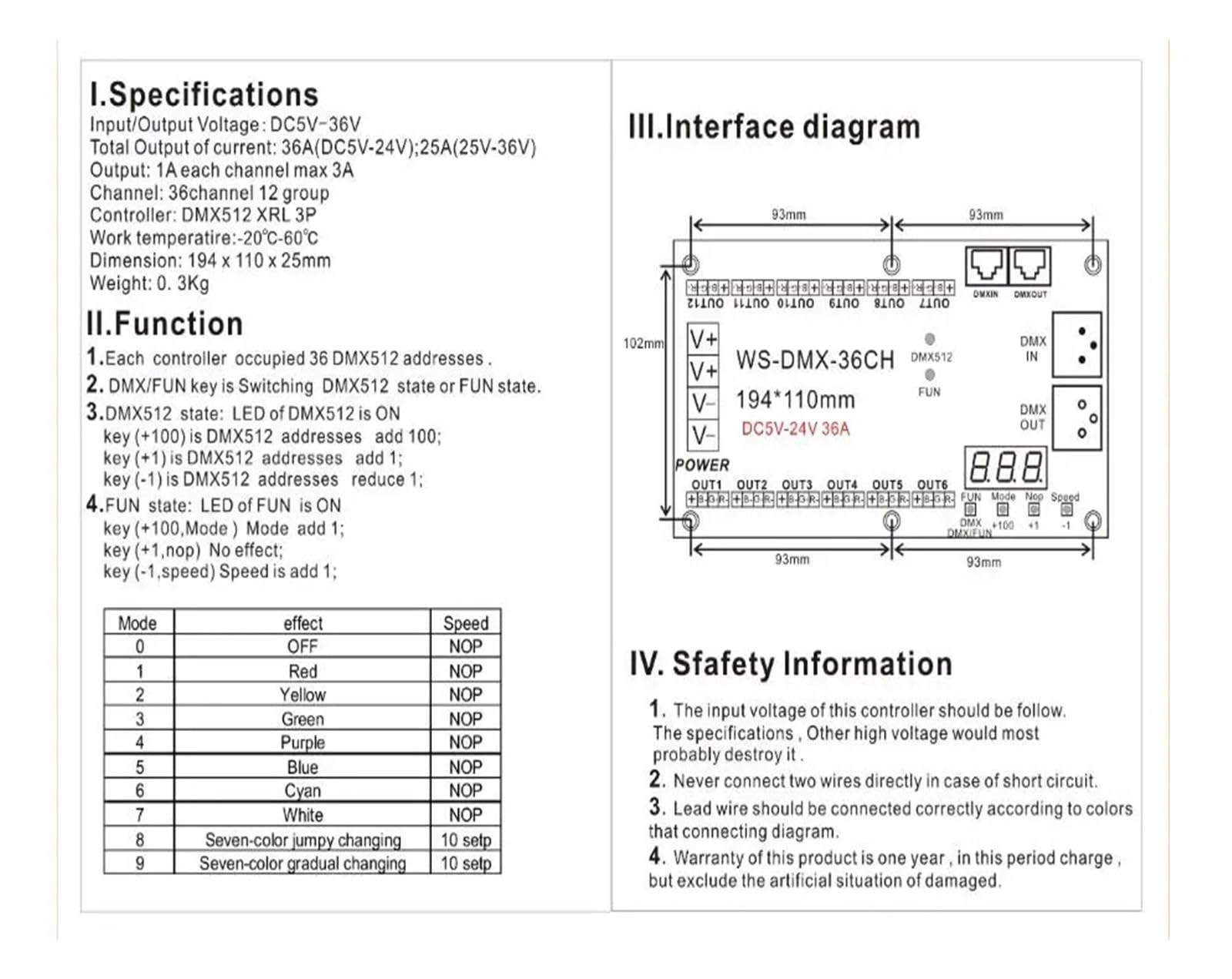 36-kanałowy dekoder, ściemniacz DMX512, 13 zestawów wyjść LED RGB, sterownik, 3-pinowy kontroler XRL WS-DMX-36CH/HV DC5V-24(WS-DMX-36CH)