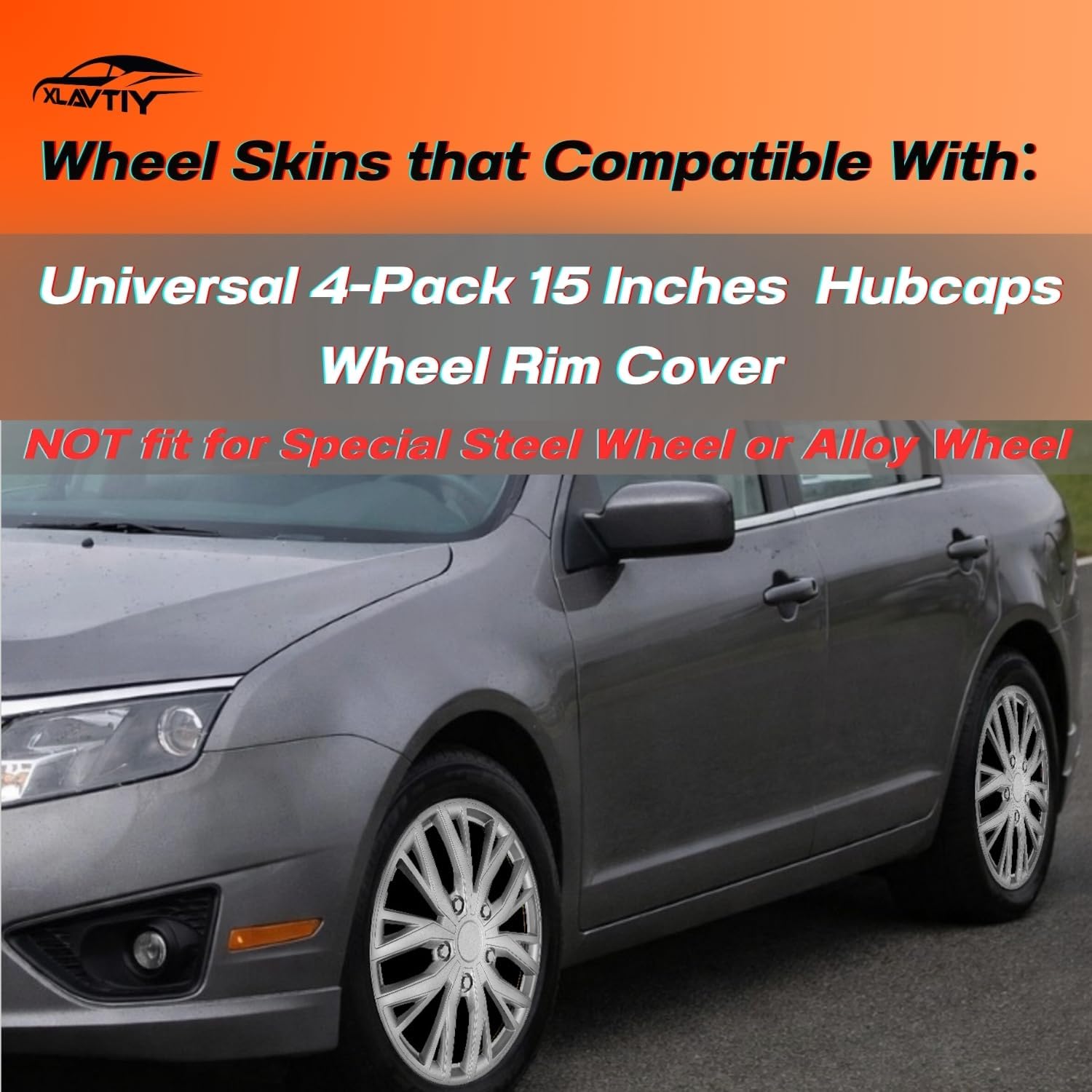 15 Inch Universal Hubcaps Wheel Covers, Snap-On Wheel Rim Covers for Cars and SUVs, Compatible with Most Steel Wheels, Set of 4 (Silver)