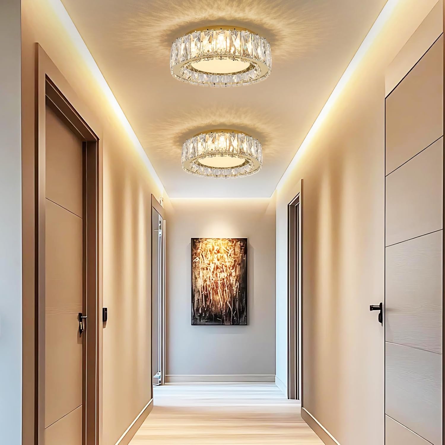 Crystal Dimmable Flush Mount Ceiling Light, Glod Modern LED Close to Ceiling Light Fixture with 5CCT 2700K-6000K, Round Kitchen Lighting for Bedroom, Laundry Room, Hallway, Bathroom (11in 24W)