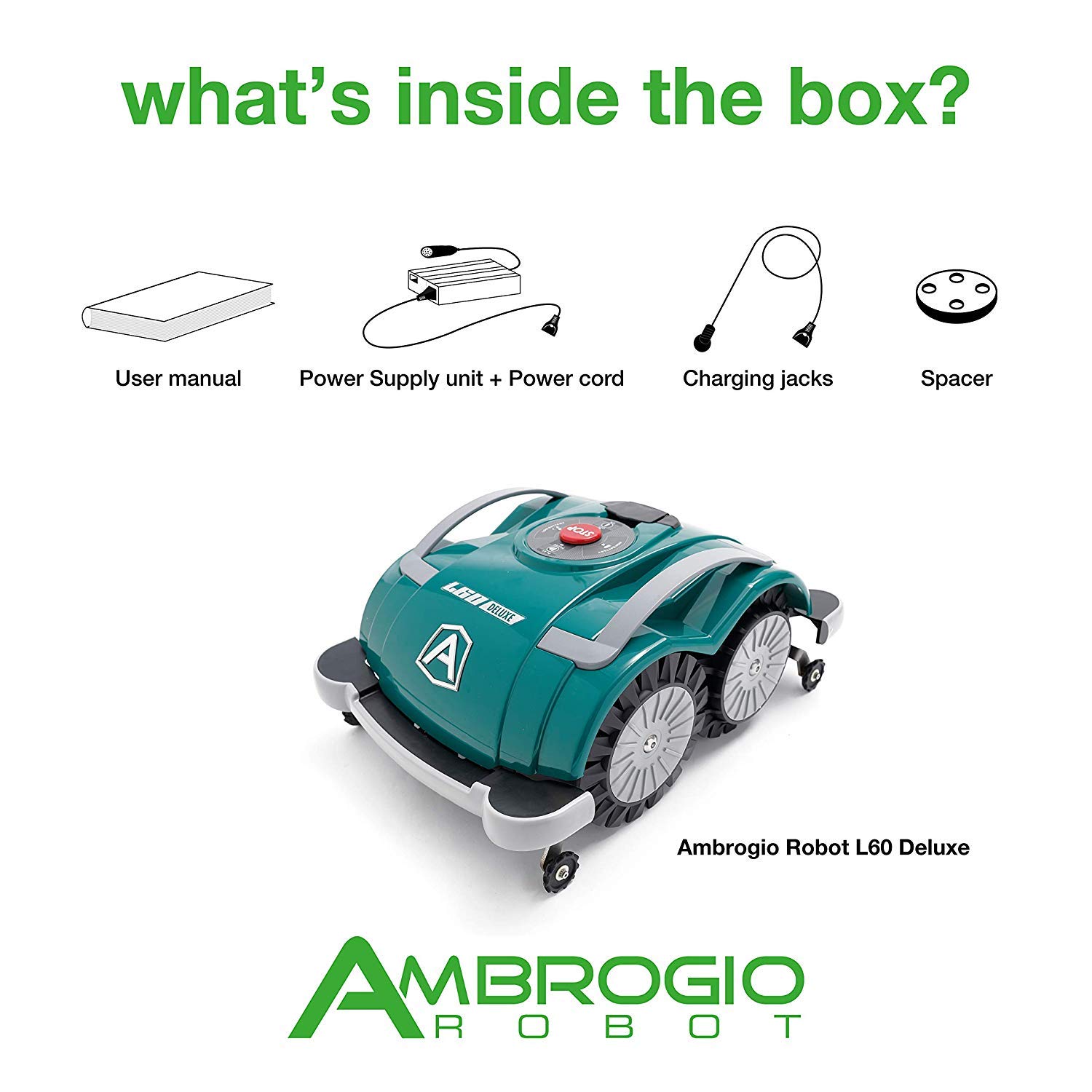 Robot cortacésped Ambrogio L60 Deluxe, Robot cortacésped de jardín Sin instalación hilo perímetro, Robot impermeable para césped cubre Un área de M2, Robot de jardín Listo para usar con Bluetooth