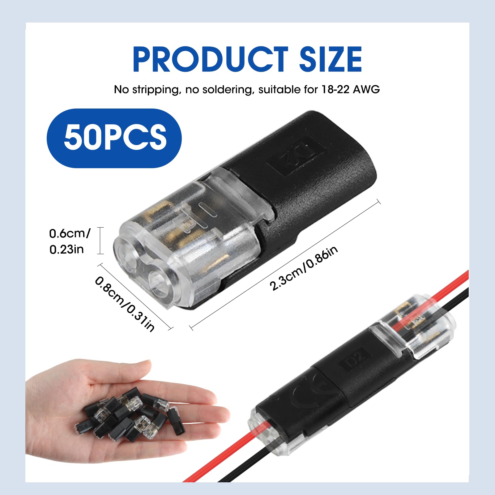 50 Pcs Conectores de Cable Impermeables para Automóviles de 2 Pines Enchufe de Cable Eléctrico de Bajo Voltaje de Conexión Rápida 18-22 AWG Hebillas de Bloqueo Sin Necesidad de Pelar para Coches — view 2