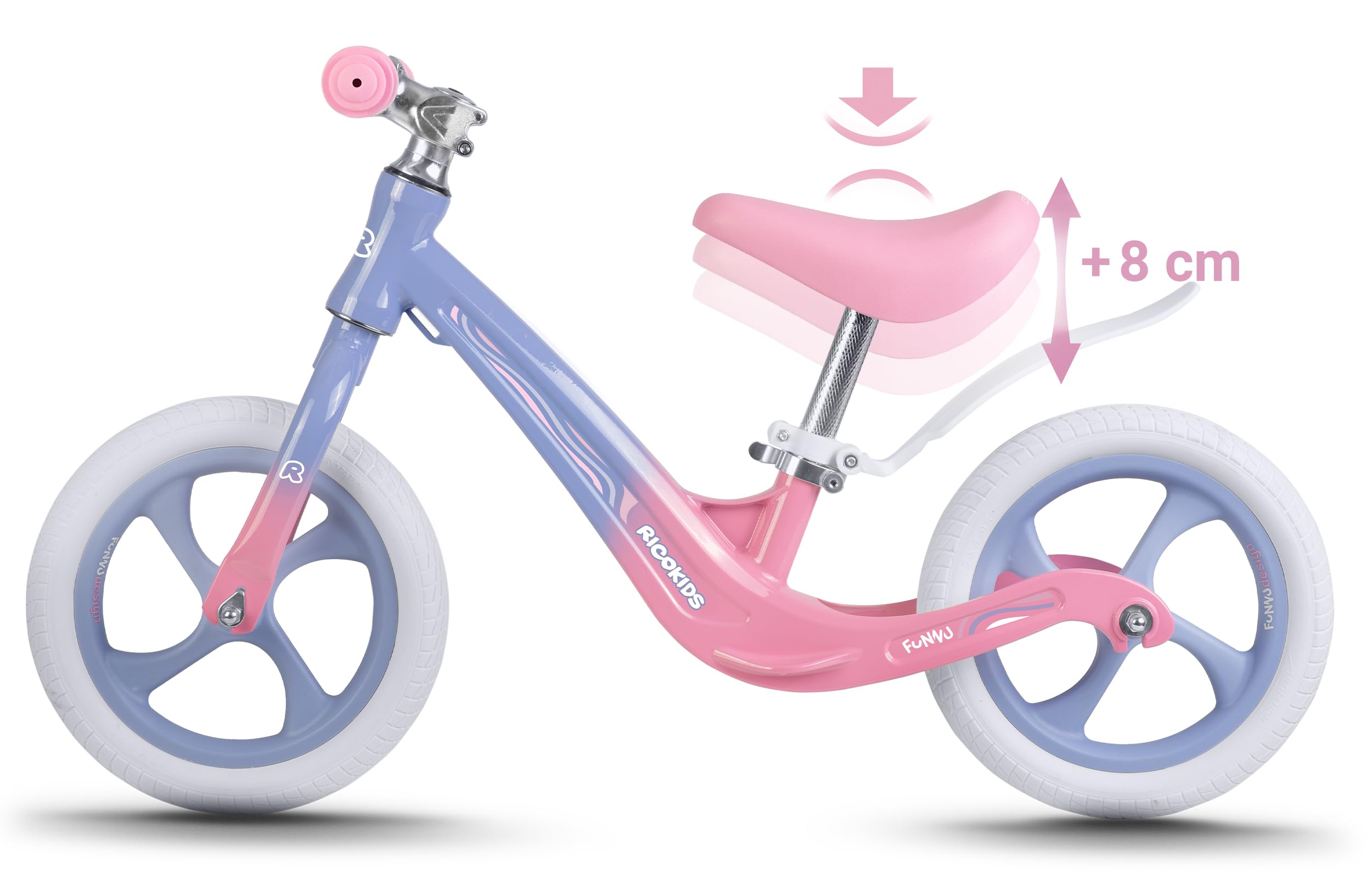 Ricokids Rowerek Biegowy dla Dzieci - Regulowane Siodełko - Opony PU 12'' Odporne na Przebicia - Funnu Niebieski Różowy