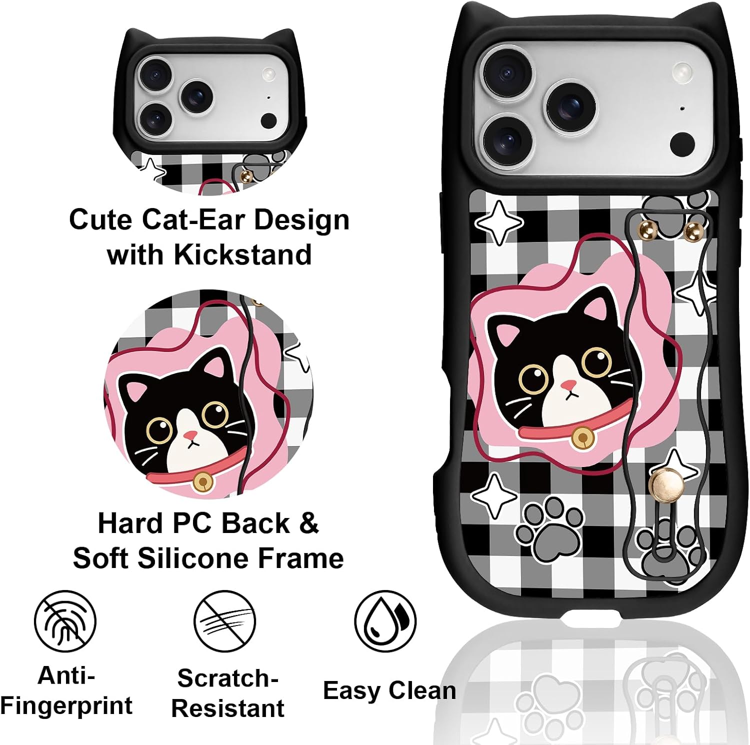for iPhone 17 Pro Case with Wrist Stand, Cute Cat Checkered Pattern with 3D Cat Ear Design, Kawaii Adjustable Soft Strap Protective Animal Phone Cover for Women Girls, Grey
