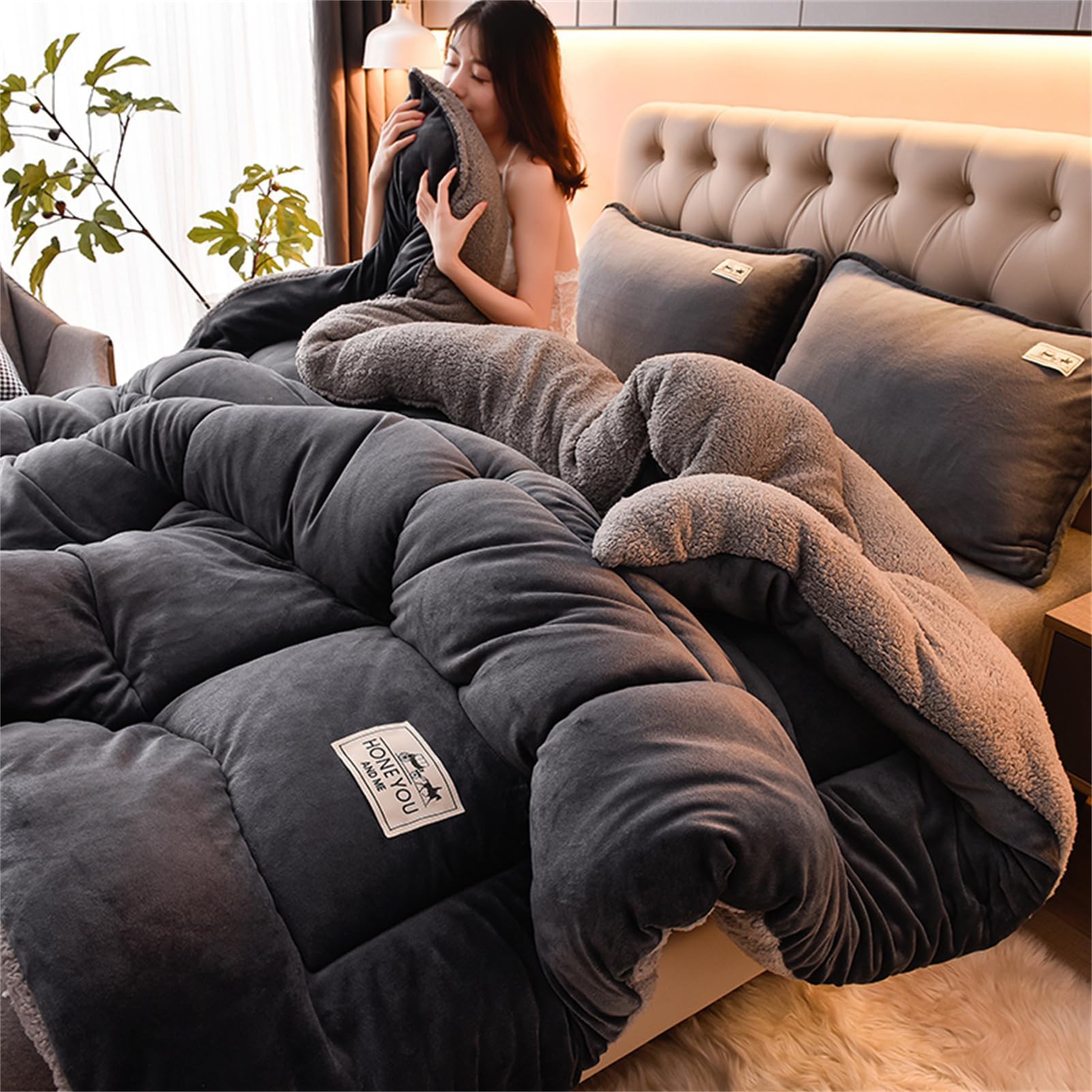 Dicke Bettdecke, Winter Steppdecke, Dicker Lamm-Kaschmir, Doppelseitige Samt Decke, Flauschige Kaschmir-Steppdecken, Winterwarm, Kern Aus Lammsamt, Plüsch Winterdecke (Dark grey,200x230cm - 4KG)