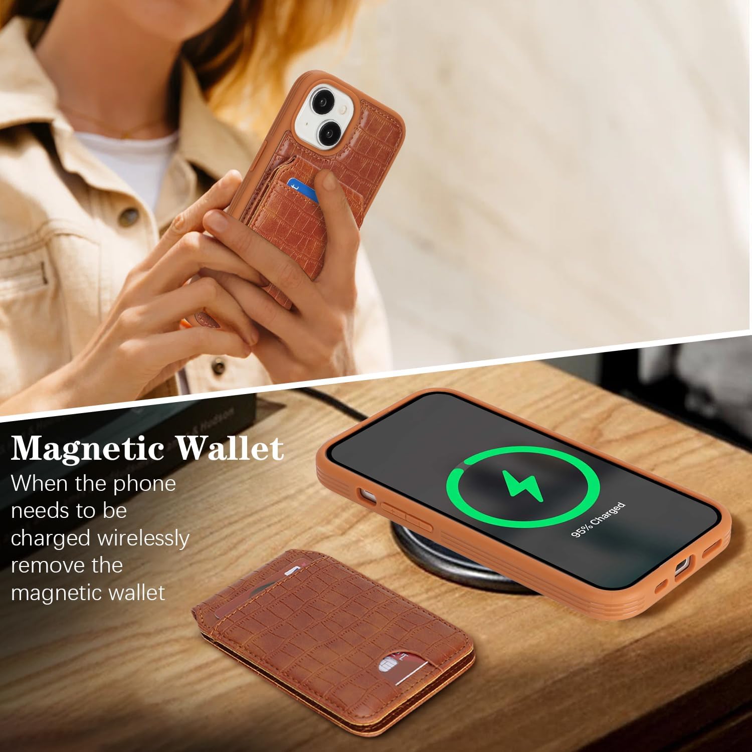 Ｈａｖａｙａ Luxury Wallet Case for iPhone 15 - Executive Faux Alligator Leather Cover, Detachable 2-in-1 Magnetic Design with Card Holder & Kickstand, Compatible with MagSafe - Vintage Cognac Brown