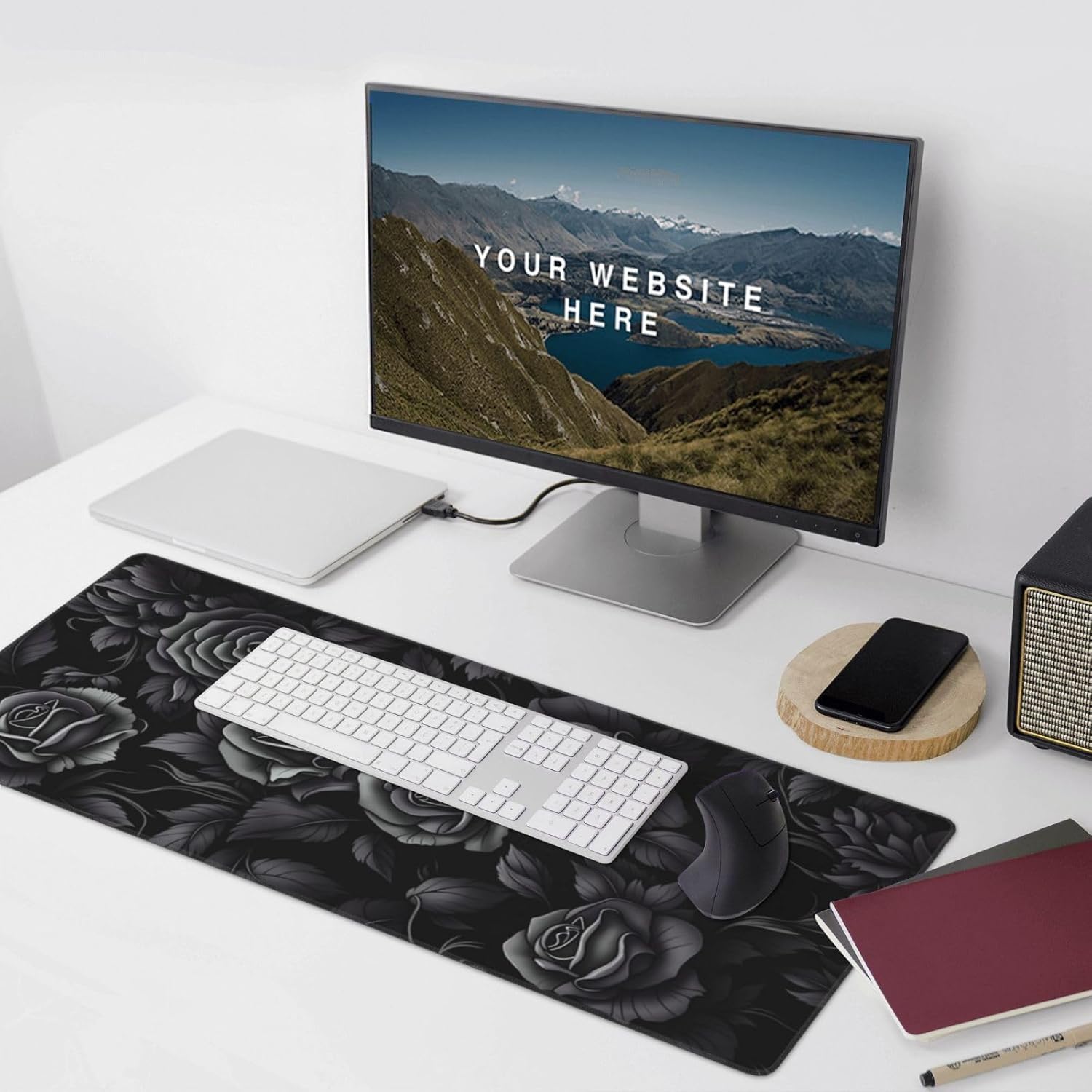 Black Rose Floral Mouse Pad,Desk Mat,Large Waterproof Non-Slip Rubber Mousepad with Stitched Edges Office Home Computer Desk Accessories,35.4"X15.7"