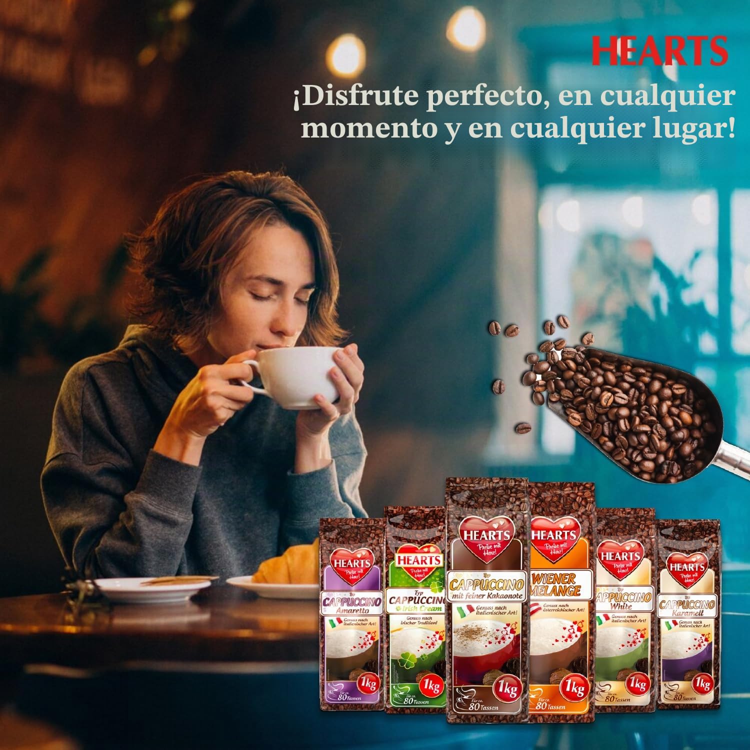 HEARTS Cappuccino Mix, 6 paquetes de degustación de 1 kg (mezcla vienesa, crema irlandesa, amaretto, caramelo, blanco y con fina nota de cacao) Paquete familiar