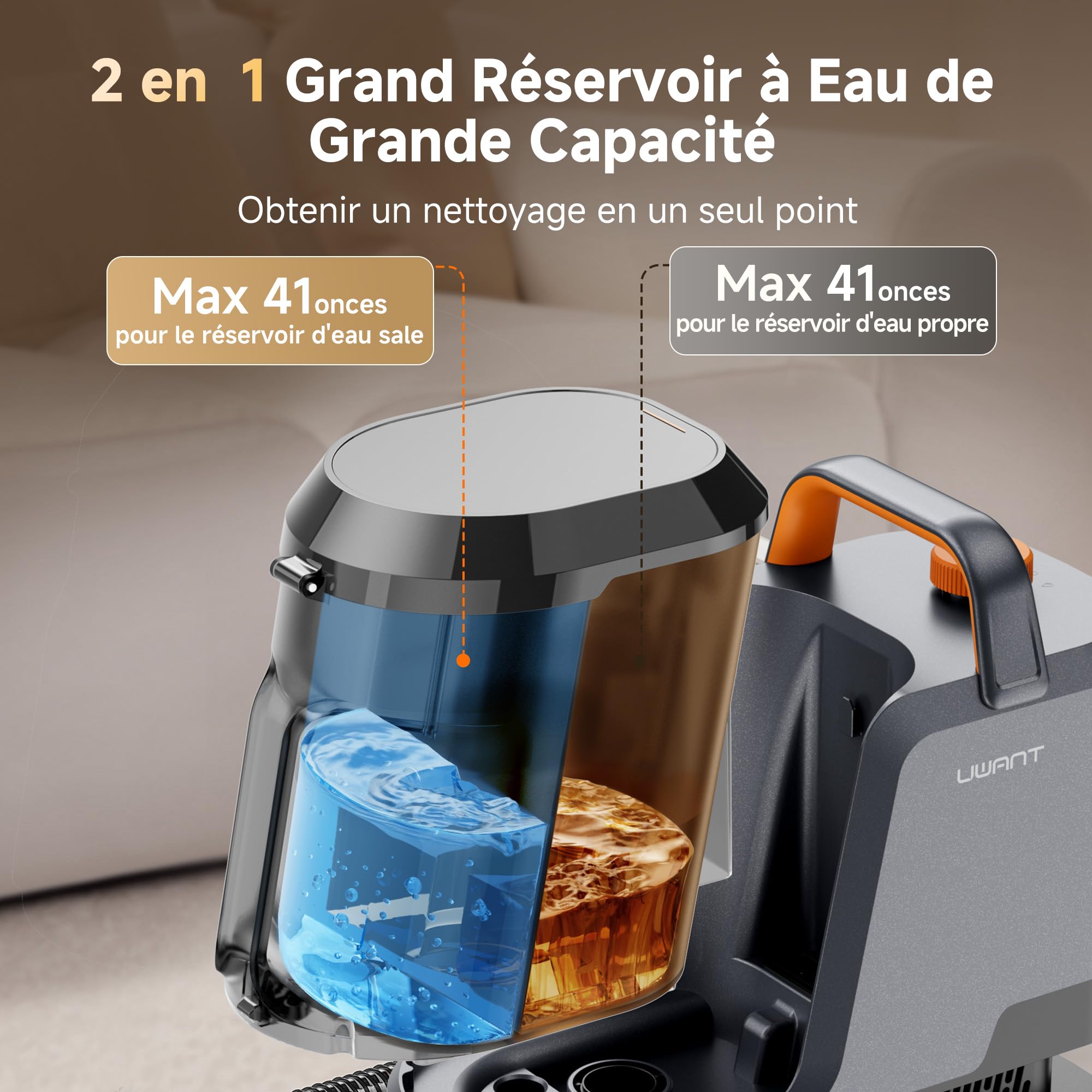 Uwant Y100Pet Spécial Animaux Shampouineuse Canape for Élimine taches et odeurs, Aspiration 850W Rapide et Facile, Extracteur de poils, Léger et portable, Pet Pro Solution de nettoyage