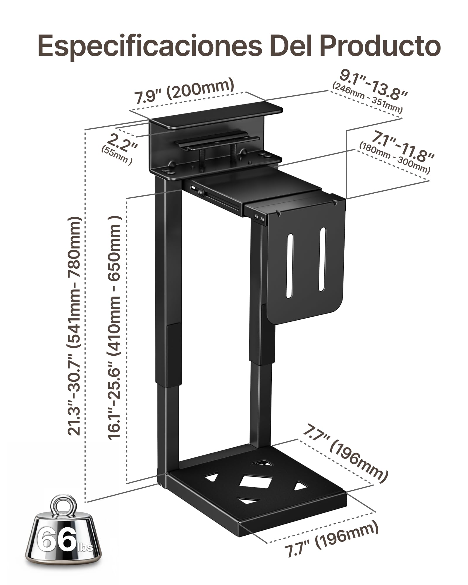 monTEK Soporte para PC de30kg de Resistencia se Monta Debajo del Escritorio | sin perforación, soporte para PC ajustable con almohadilla protectora, altura de 16,1–25,6 cm, perfecto para oficina