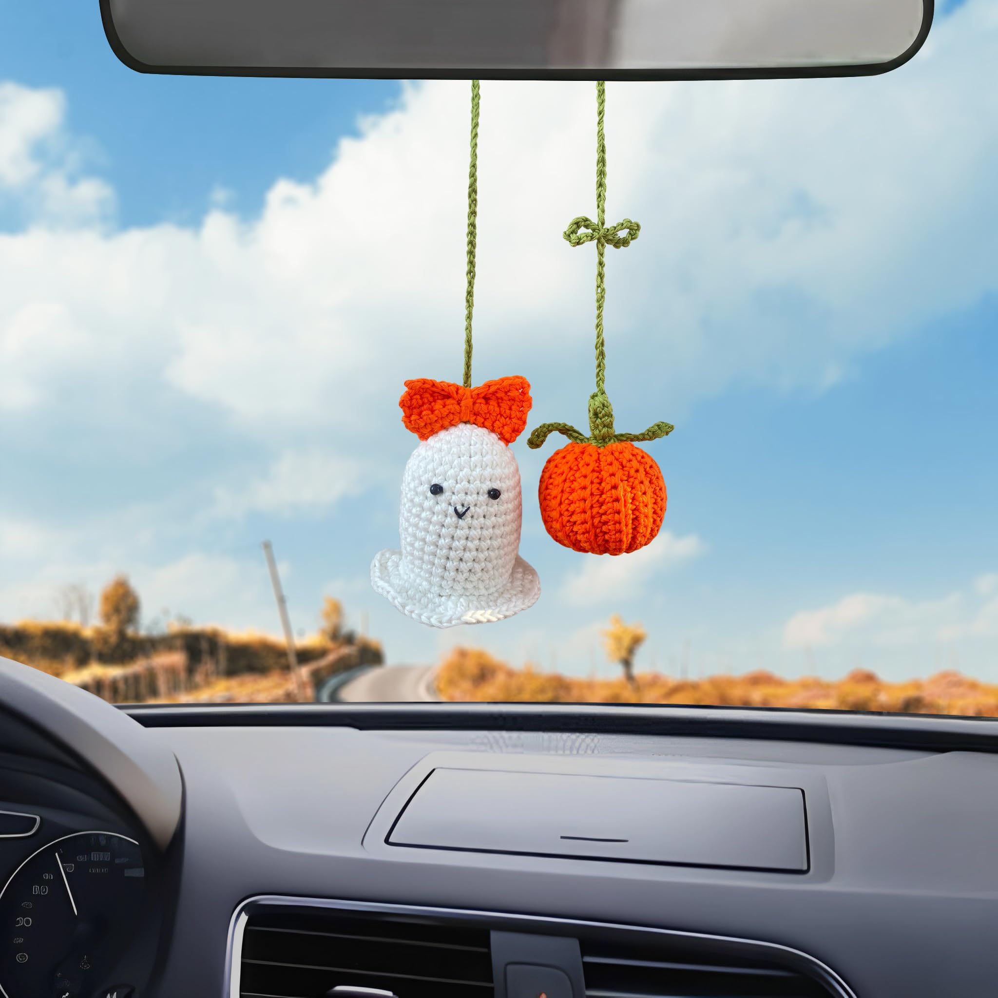 Made By Bunny Car Mirror Hanging Charms Accessories, Rearview Mirror Decor, Handmade Gift for her, Cool Swinging Duck Car Hanging Ornament, usable as House Decoration (Cute Ghost and Pumpkin)