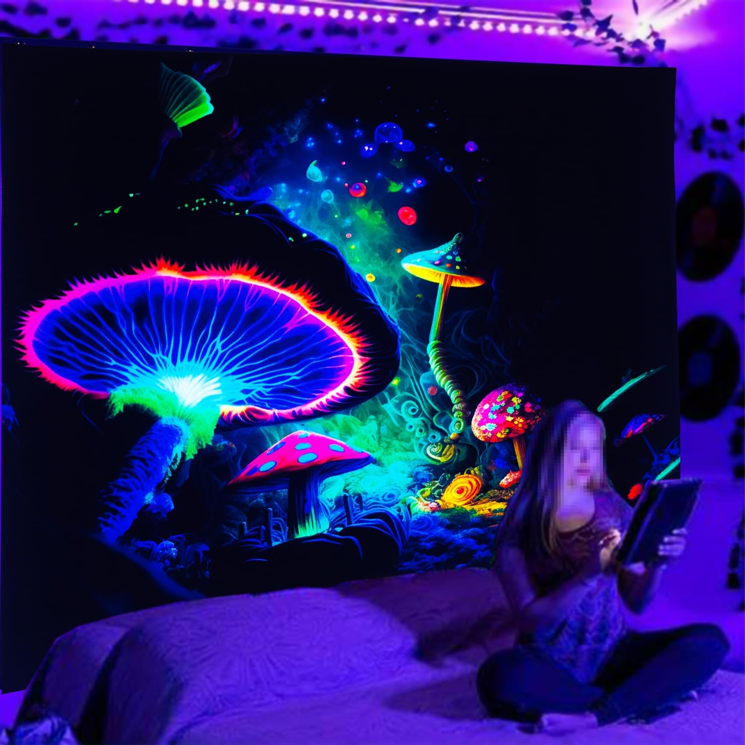 TUGCAY Blacklight Mushroom Tapestry Glow In The Dark Fantasy Forest Tapestry UV Reactive Magic Tapestries Wall Hanging Decor for Bedroom Dorm Living Room (35" x 47")