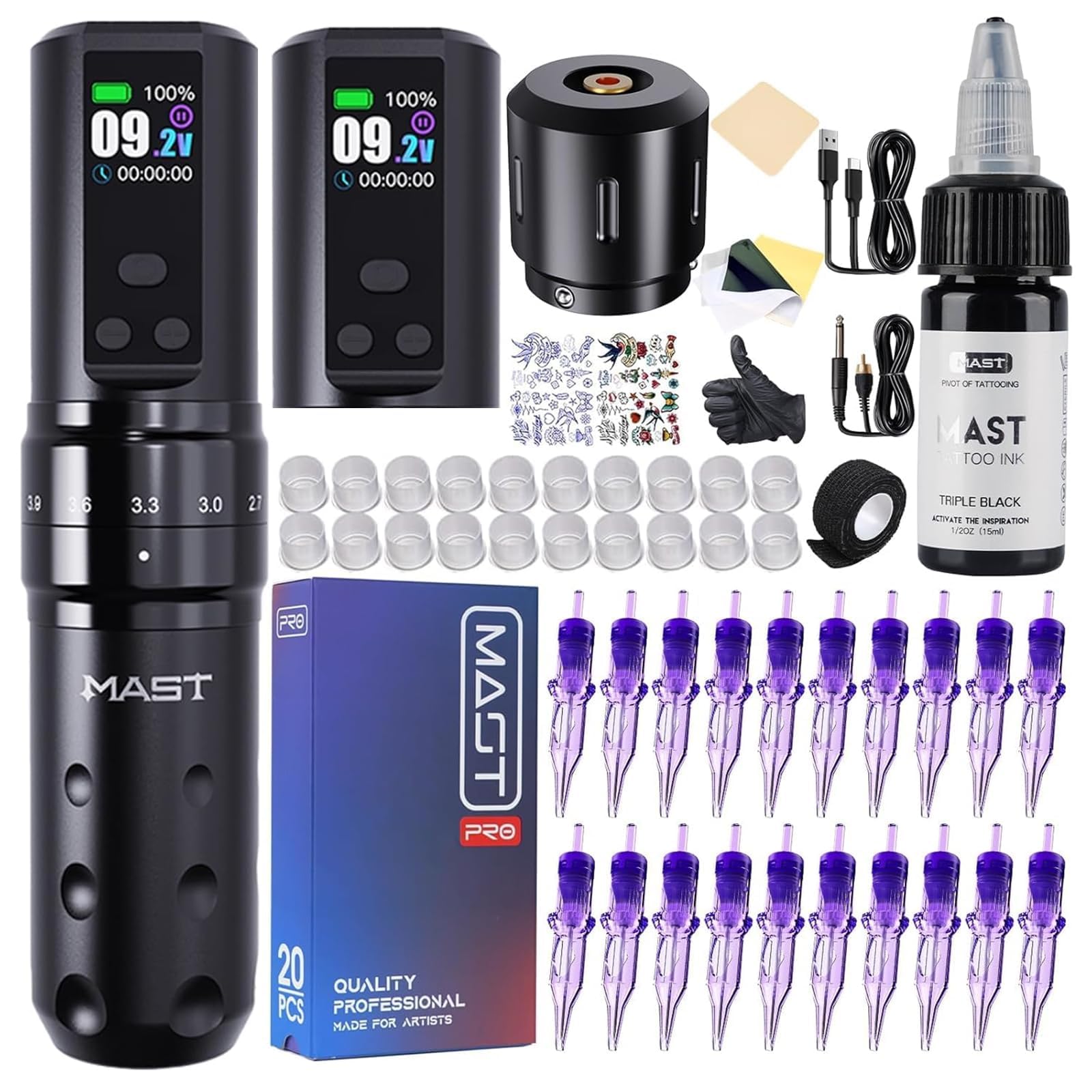 Mast Fold2 Pro Kit de Tatuaje Inalámbrico Máquina de tatuar Profesional - rotativas Tattoo Machine Pen con 2 Baterías 2000mAh, Connect RCA, Agujas y Tinta Negra | Set Completo