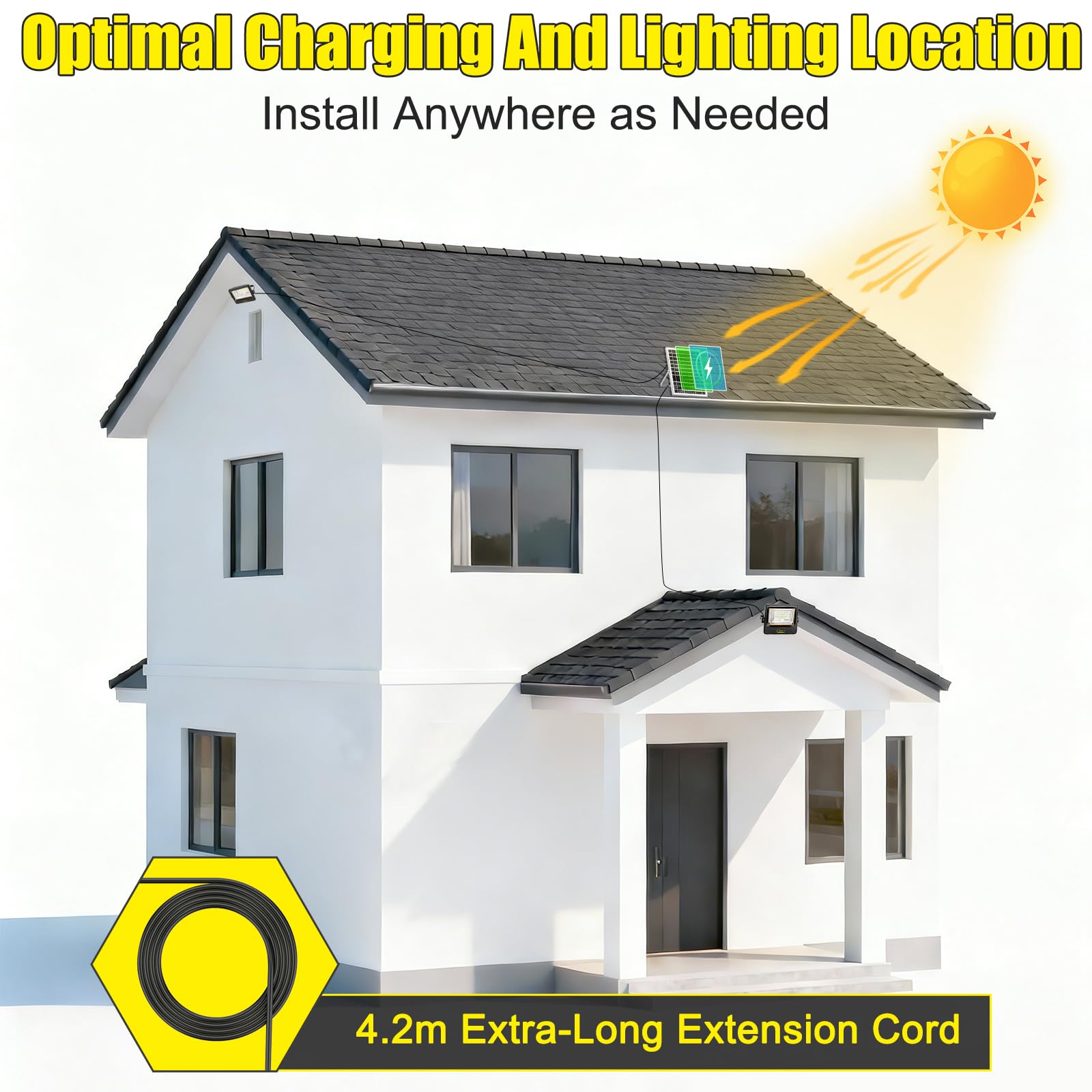 200W Focos LED Exterior Solares con Control Remoto,Indicador de Batería,7 Modos,IP67 a Prueba de Agua con Cable de 4.2m,Luz Solar Exteriorpara Garaje,Jardín,Puerta de Entrada,Patio y Césped