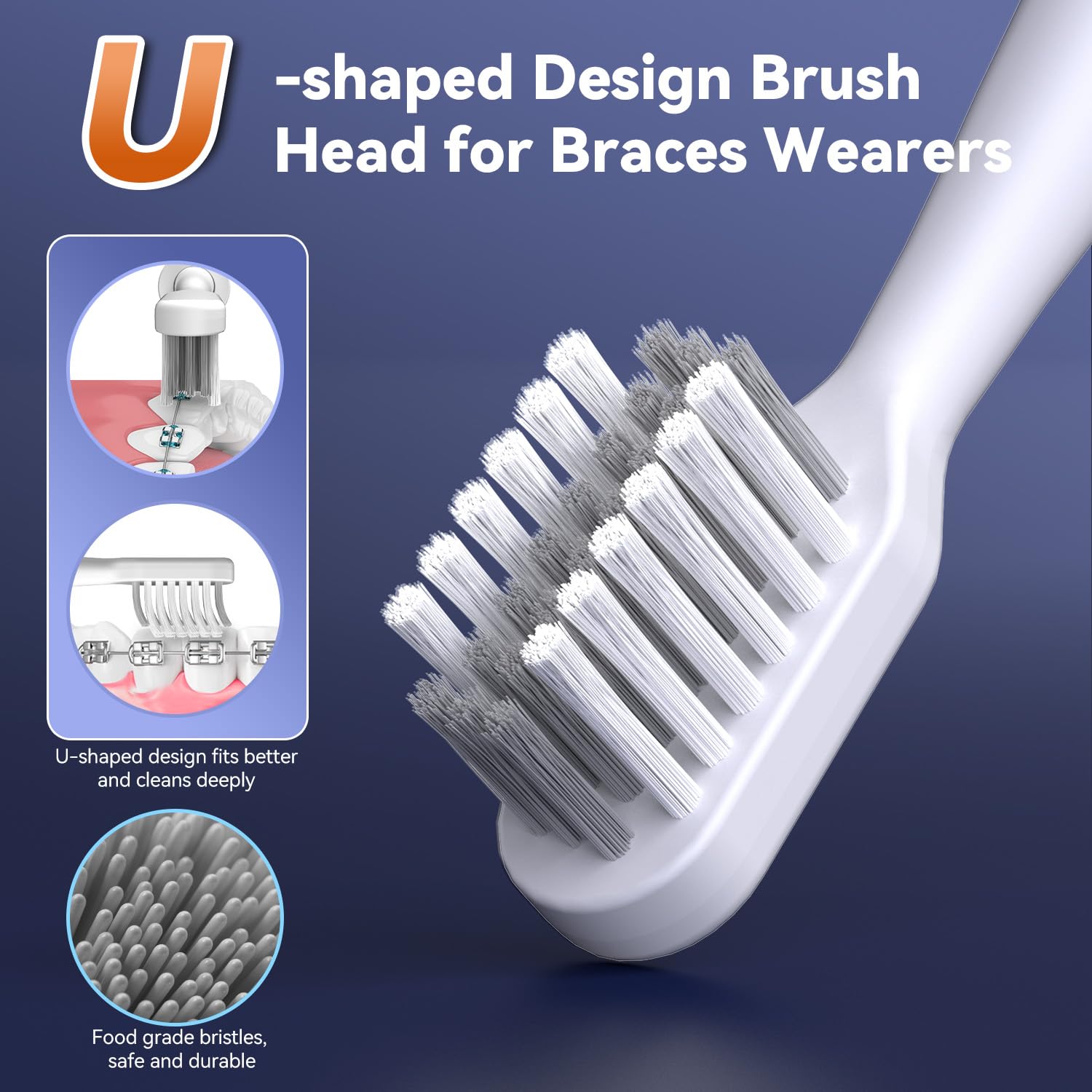 JTF Brosse à dents électrique orthodontique pour appareils dentaires : 6 têtes de brosse souples en forme de U, 5 modes de brossage, minuterie de 2 min, étanchéité IPX7, nettoyage buccal profond