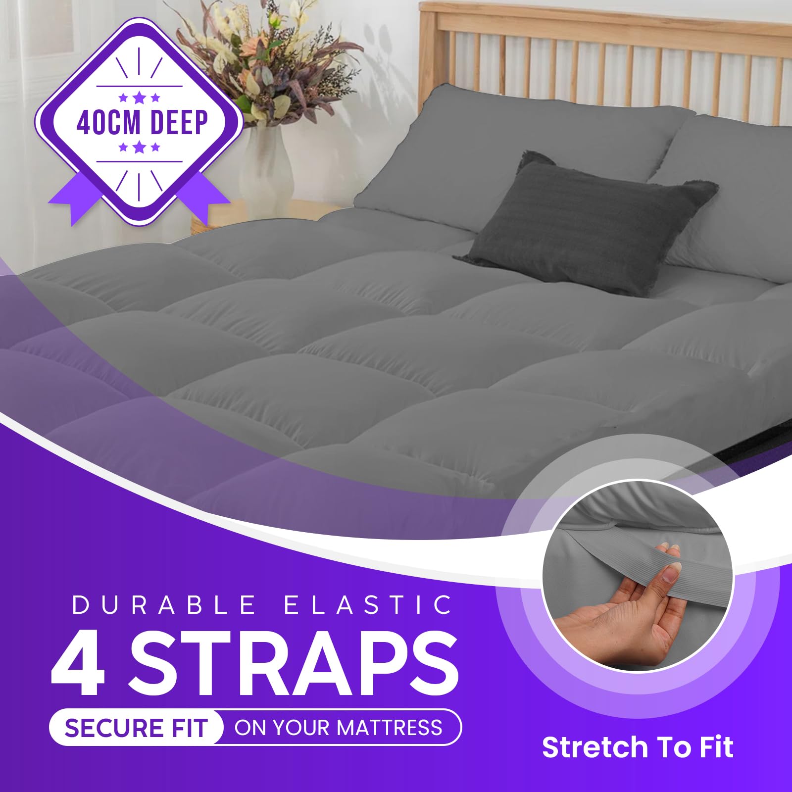 Linens World Mattress Topper Double Bed 10cm Thick, Quilted Super Soft Microfiber Topper, 1200GSM Anti-Allergy Fiber Fill, Washable with Strong Elastic Straps for Extra Comfort (137×190cm) — view 38