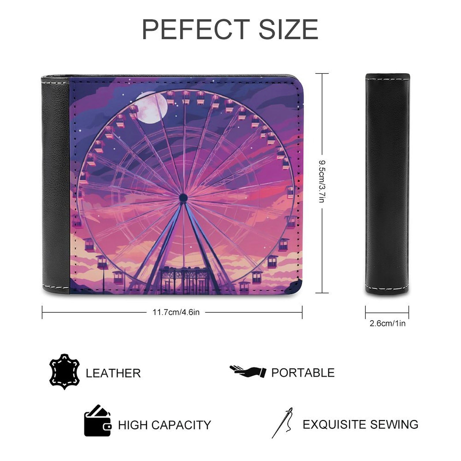 Purple Sky Ferris Wheel Bifold Wallet PU Leather Coin Purse Lightweight Credit Card Holder Wallet Money Clip