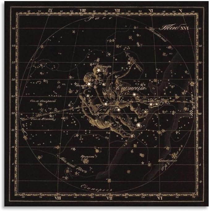 Gemini Zodiac Sign Art, Old Russian Astronomy Chart, Star Constellation Illustration, Vintage Style Print Living Room Bedroom Canvas Wall Art Decoration Poster for Room Aesthetics Canvas Wall Art Post