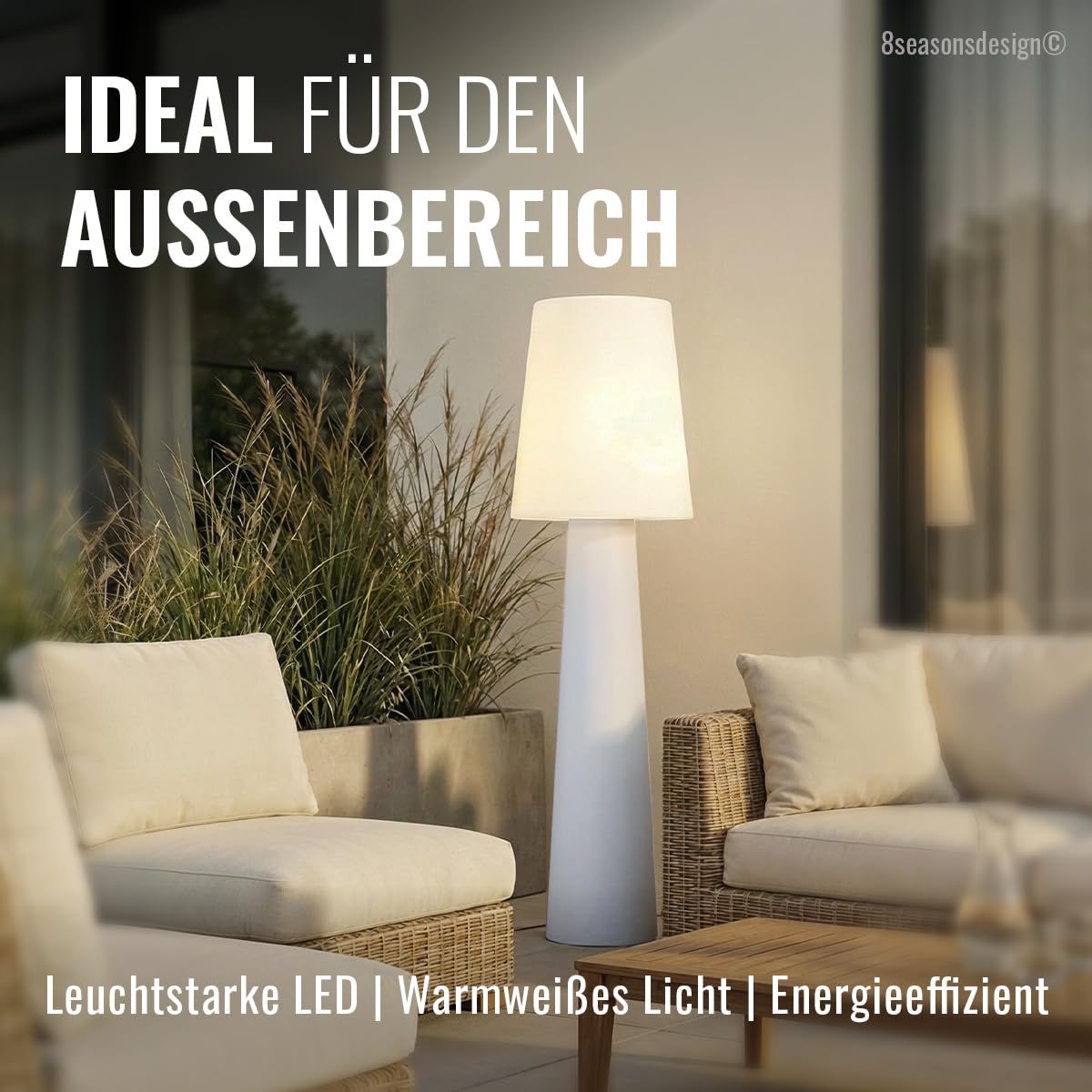8 seasons design LED Stehlampe No. 1, 160 cm (Weiß), E27, warmweißes Licht – wetterfest – große Stehleuchte für außen (Garten, Terrasse, Balkon) & innen – dekorative Gartenlampe