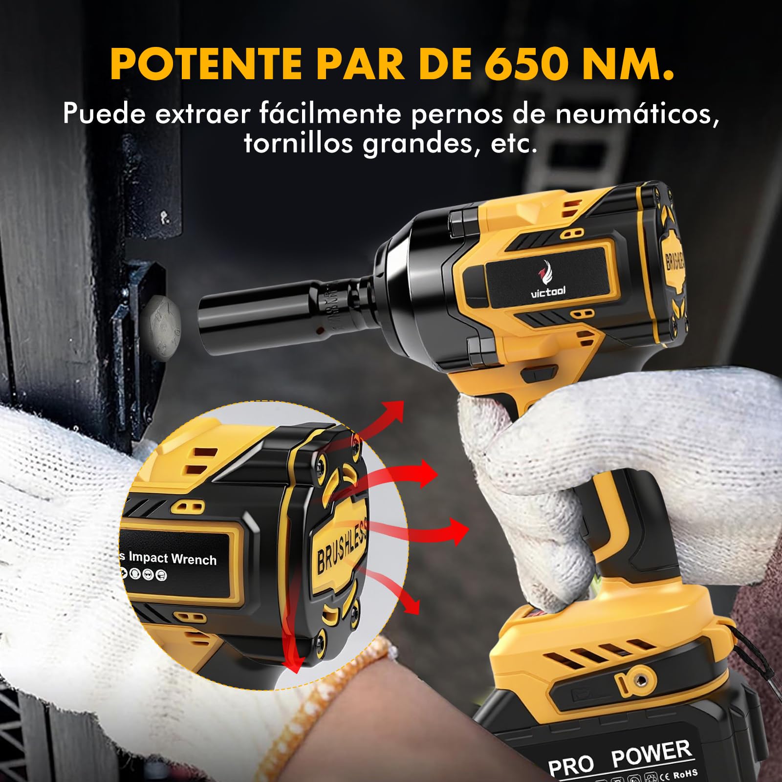 Llave de impacto inalámbrica 650 N.m, con batería de 2 x 4,0 Ah, 6 enchufes y Caja de Transporte, 5 ajustes + luz LED, 1/2" Brushless Atornillador de impacto para Coches Camiones DIY Casa