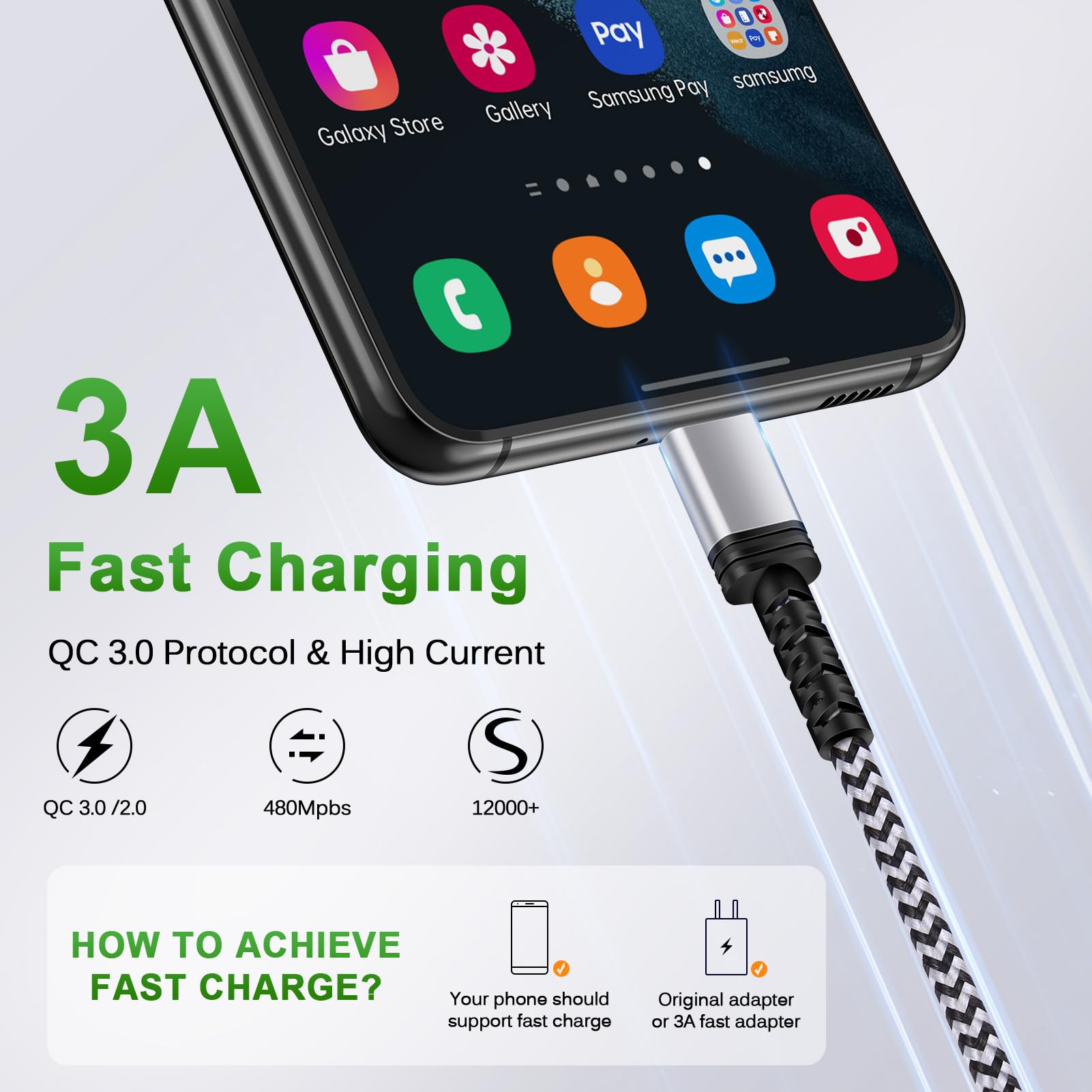 3-Pack Samsung S25 S24 S23 USB Type C Cable Fast Charging 6FT USB C to USB A Android Phone C Charger Cord for Galaxy A16 5G/S25 Ultra/A56/S24 FE/S23/A15/A54/A35/Z Fold6,iPhone 16 Plus 16e 15,Pixel 9 8