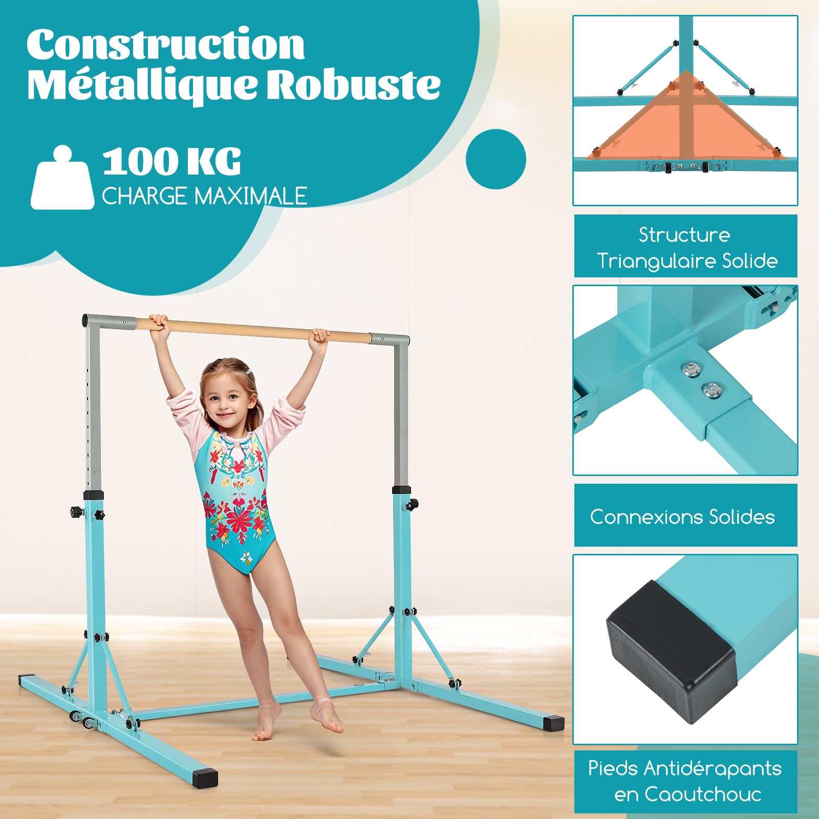 GOPLUS Barra de entrenamiento de gimnasia de acero, anchura/altura ajustable, carga 100-120kg, barra de gimnasia para niños de 6 a 12 años, ideal para gimnasio, hogar