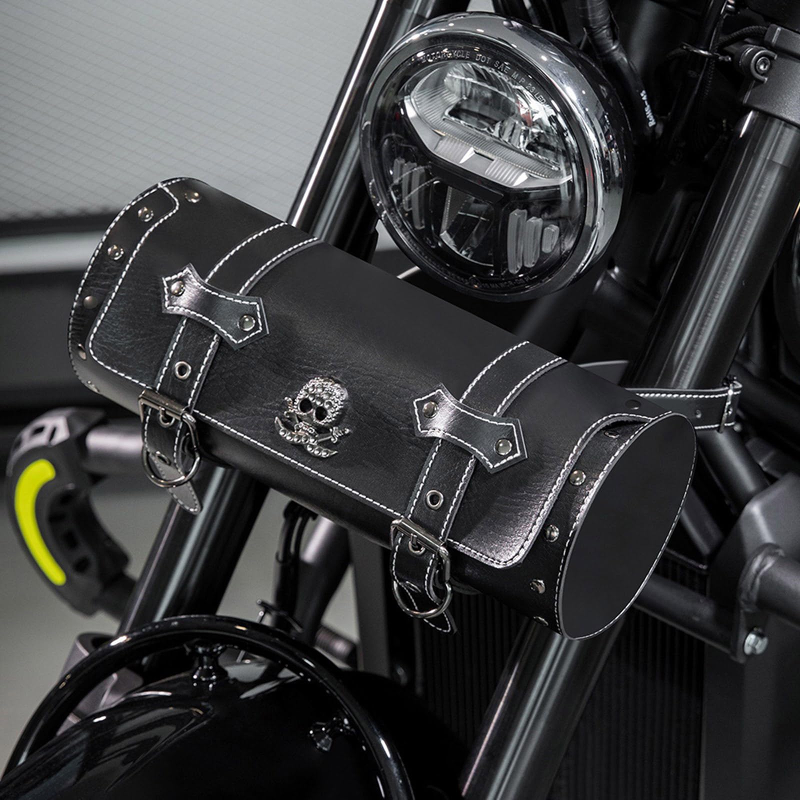 Sacoche de Moto Avant Vintage Sac à Outils Sacoche de Selle Sacoche de Fourche de Guidon Motif Crâne Sacs de Rangement en PU Sac à Outils pour Moto