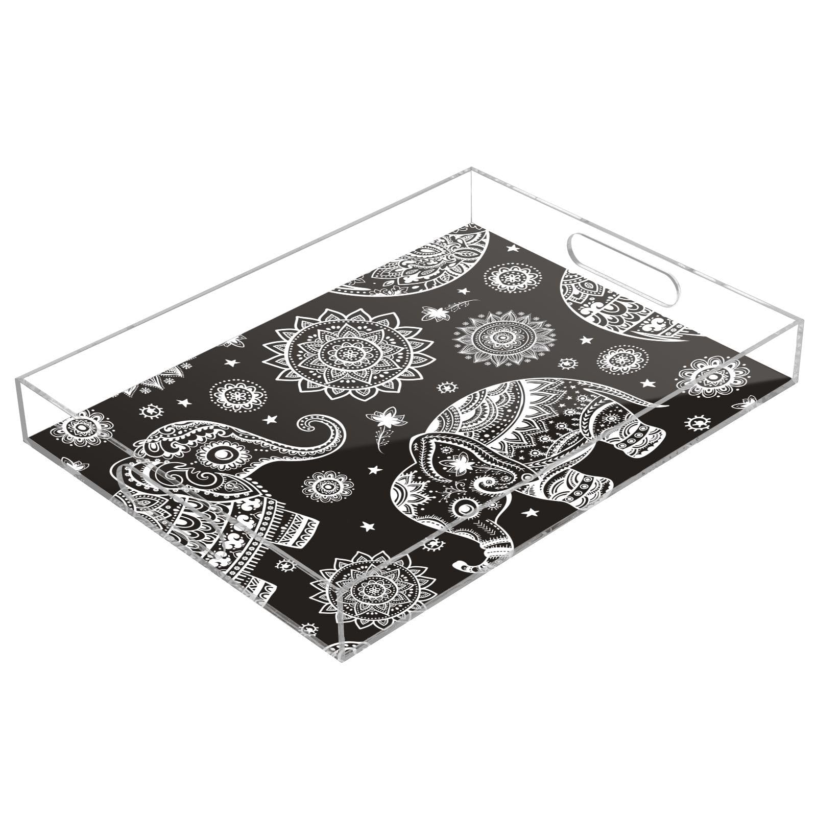 Bandeja rectangular de acrílico con asas, bandeja de desayuno de 12 x 16 pulgadas, bandeja de desayuno transparente con gráficos vintage de flores indias étnicas a prueba de derrames para servir