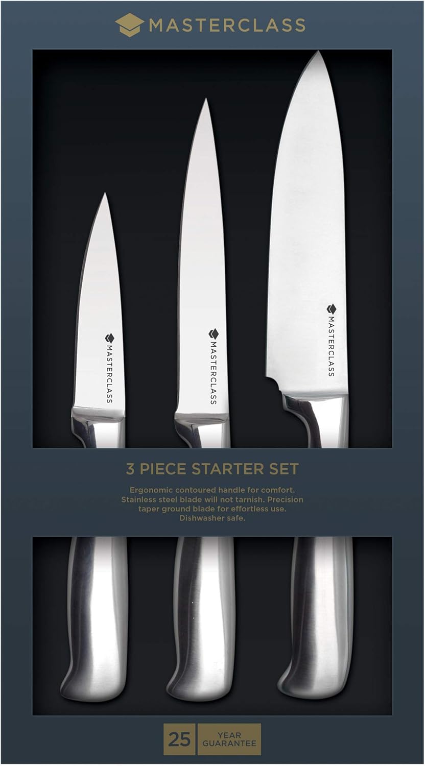 MasterClass Knife Set, Deluxe Three Piece Kitchen Knife Set, Stainless Carbon Steel, Hanging Display Pack, Silver