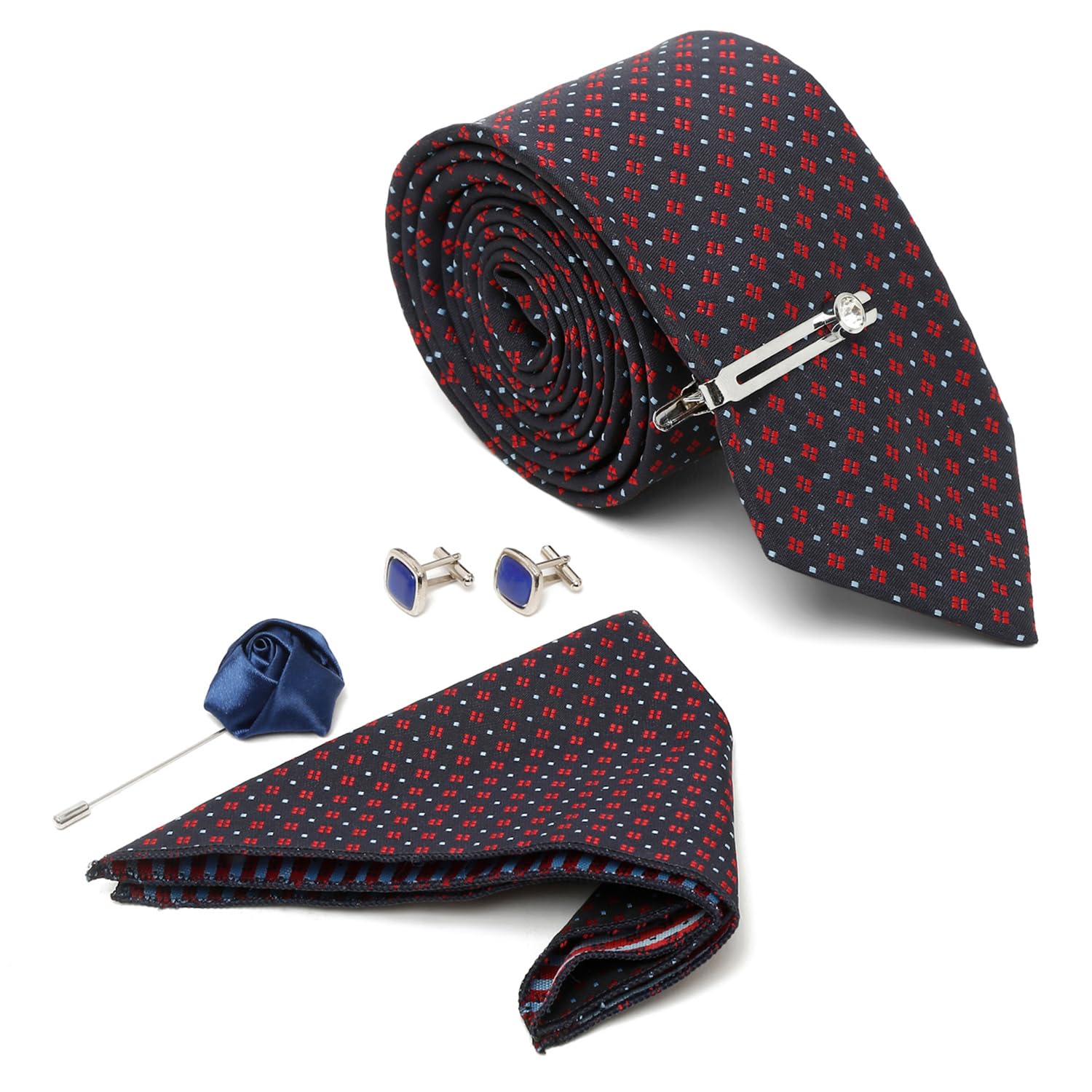 louis stitch Mens Dotted Pattern Blue Italian Silk Necktie Set With Pocket Square Cufflinks Brooch Tie (Suit Accessories) (Czech)-picture-35