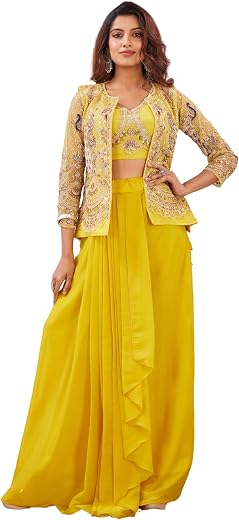 MANJAR OUTLET Women's Yellow Semi-Stitched Palazzo Set with Embroidered Jacket & Blouse, Designer Indo-Western