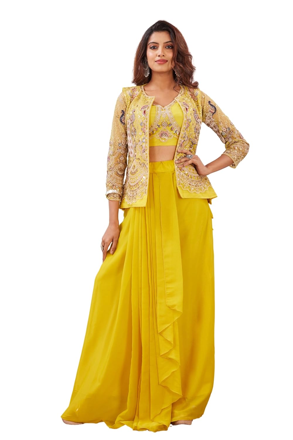MANJAR OUTLET Women's Yellow Semi-Stitched Palazzo Set with Embroidered Jacket & Blouse, Designer Indo-Western - Review, Price and Buying Guide