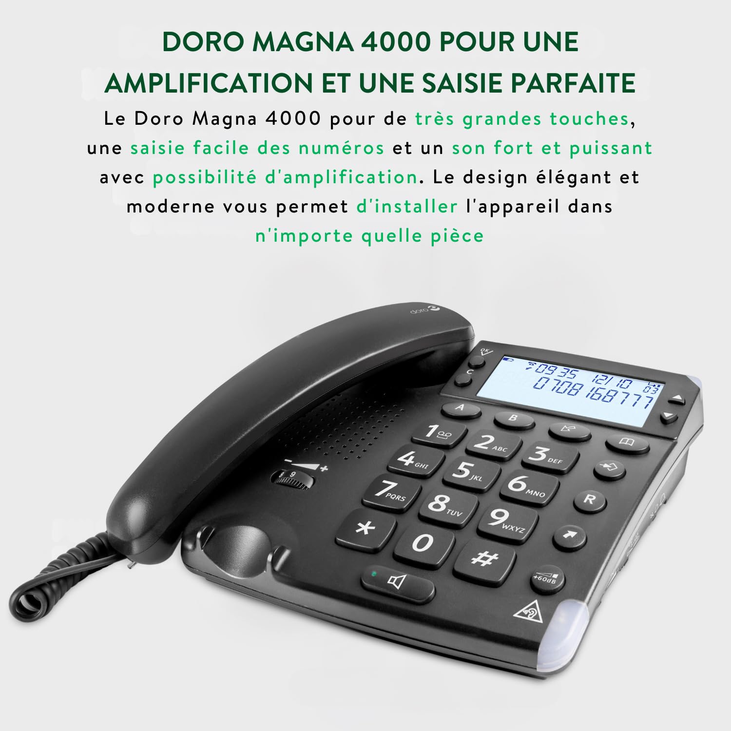 Doro Magna 4000 Téléphone Fixe Amplifié +60dB sur Le combiné, avec Touches espacées, Grand écran (Noir) [Version Française]