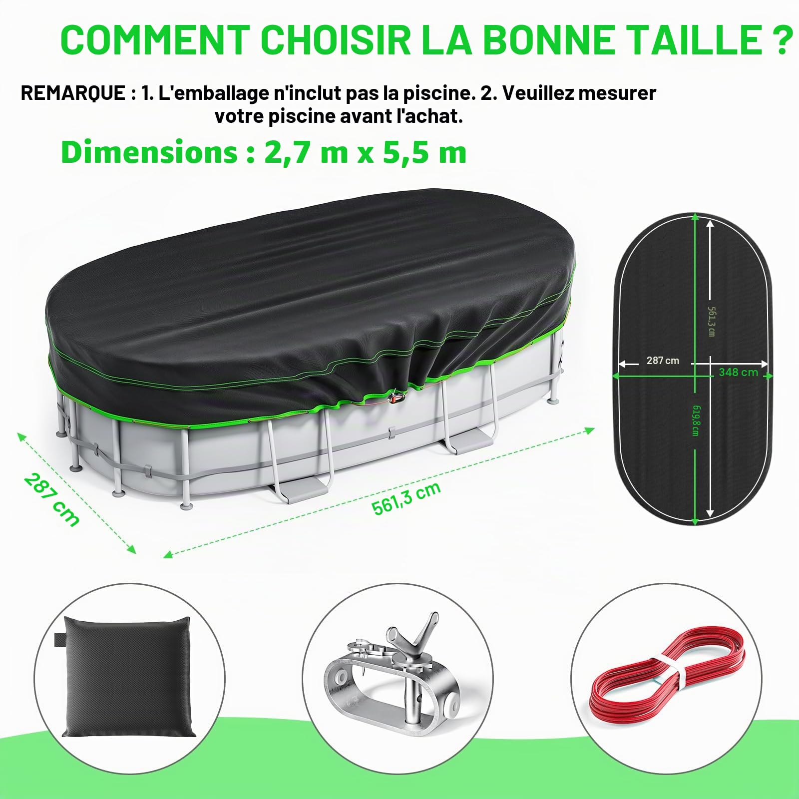 Bâche de Piscine Ovale de 2,7 x 5,5 m – Bâche de Protection Solaire rectangulaire Robuste, imperméable et résistante aux déchirures avec treuil et câble, idéale pour l'hiver et la poussière