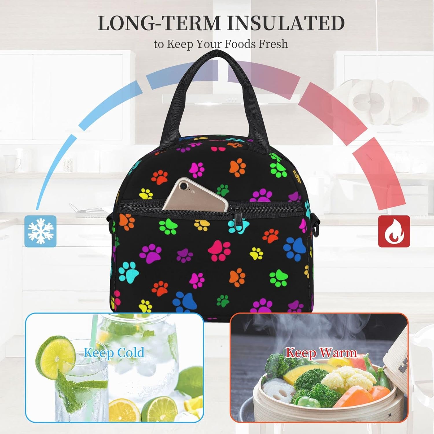 Colorful Dog Animal Paws Lunch Bag Reusable Insulated Lunch Tote Bag Lunchbox Container With Adjustable Shoulder Strap For Office Work School Picnic Travel
