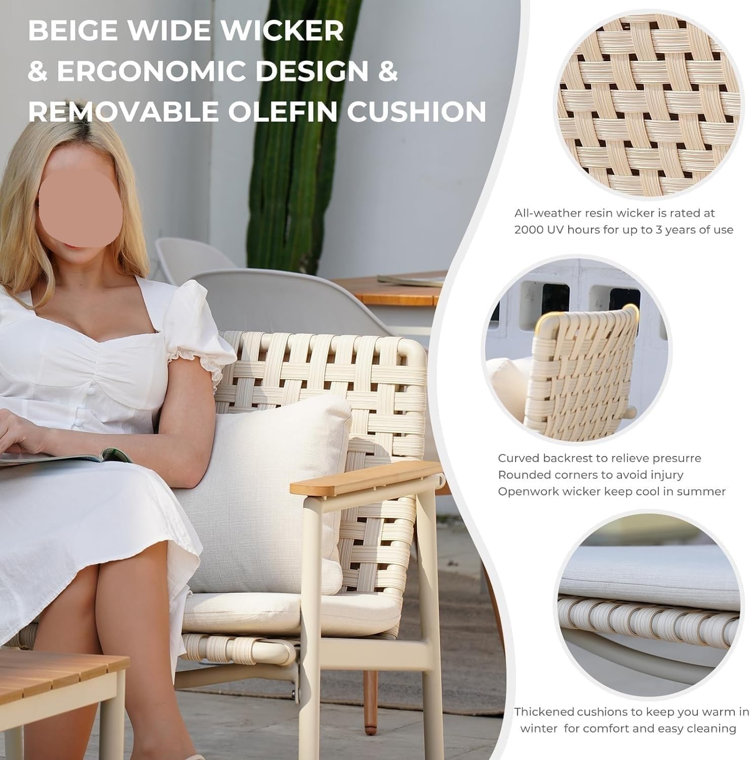 4-Piece Patio Conversation Set Outdoor Wicker Sofa Sets with Waterproof Cushions All-Weather Wicker Furniture Sectional Sofa for Backyard Porch Balcony Poolside