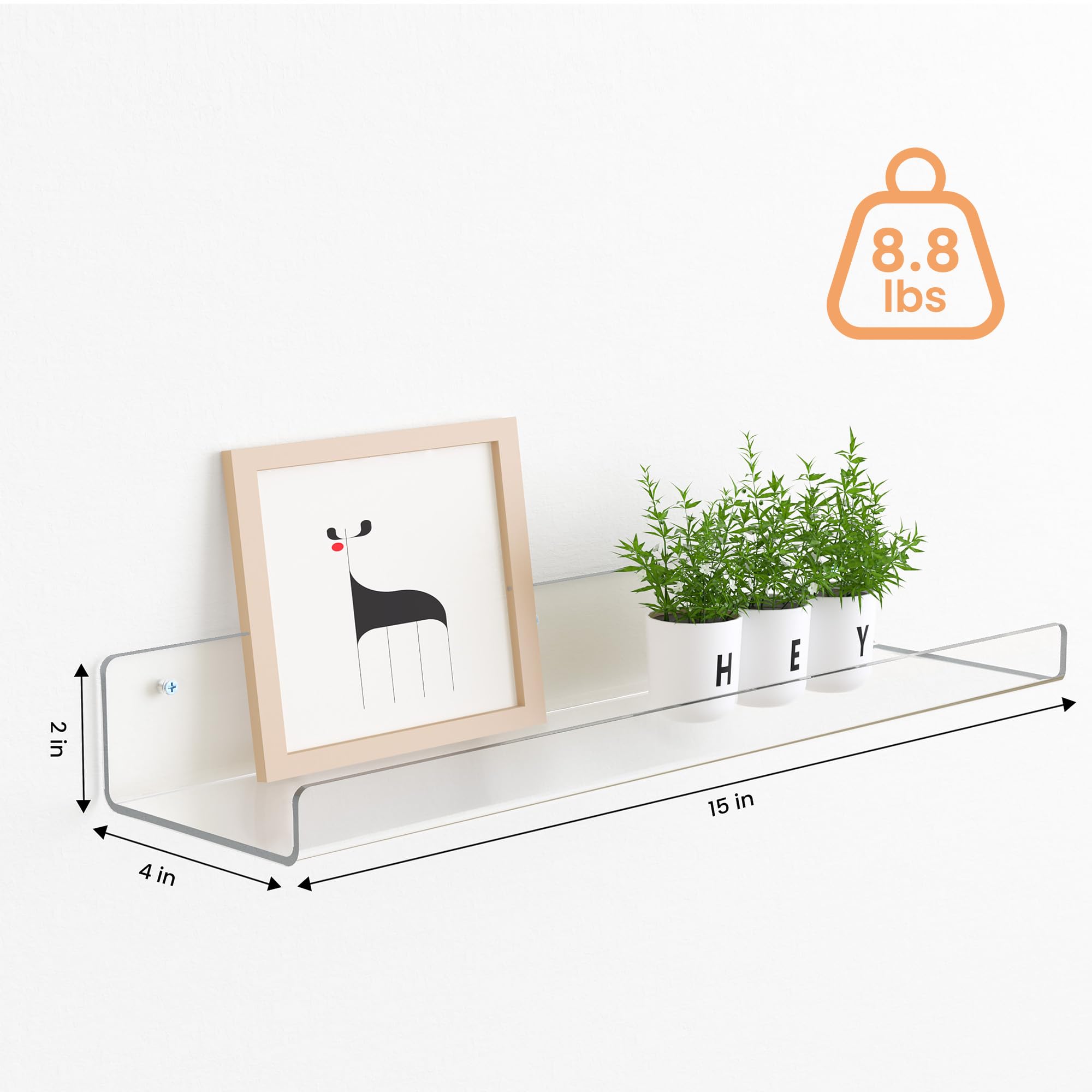 Paquete de 6 estantes acrílicos para almacenamiento de pared, estantes flotantes de 15 x 4 pulgadas para niños, organizador de estante de exhibición para baño, dormitorio, sala de estar, 6