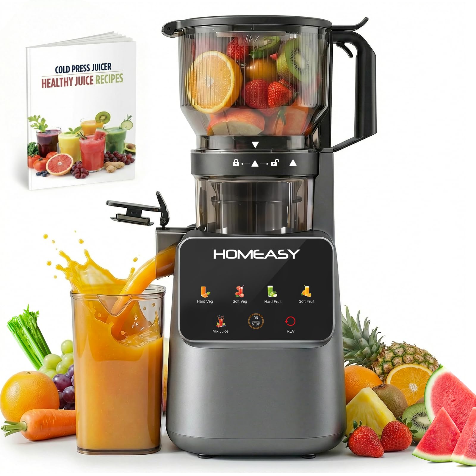 HOMEASY Cold Press Juicer, 150mm Large Feed Chute for Whole Fruits & Vegetables, 300W Smart Display Slow Masticating Juicer, Low Noise, Openable Pulp Outlet, Easy Clean, High Juice Yield