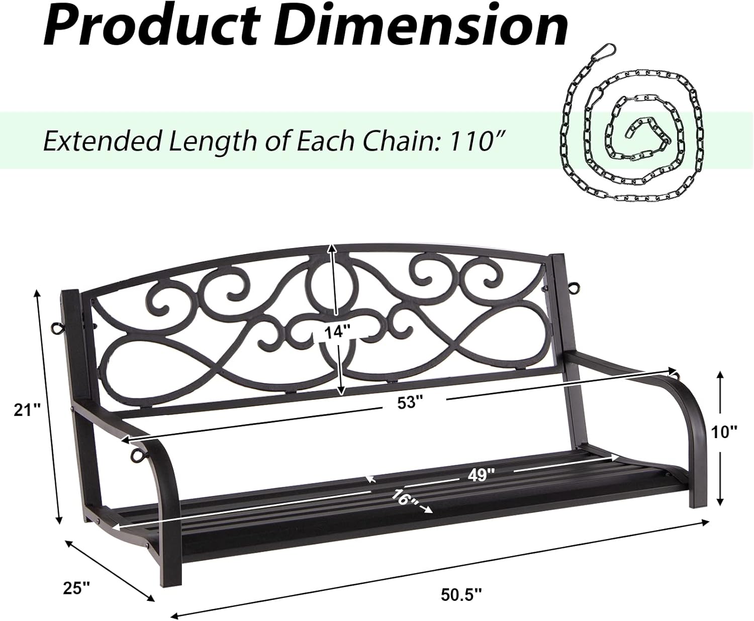 Giantex Metal Porch Swings 2 Person Outdoor Hanging Garden Bench with Sturdy Chains, Wide Seat & Curved Armrests, 485 Lbs Weight Capacity Swing Loveseat for Deck, Backyard Patio Swing Chair (Brown)