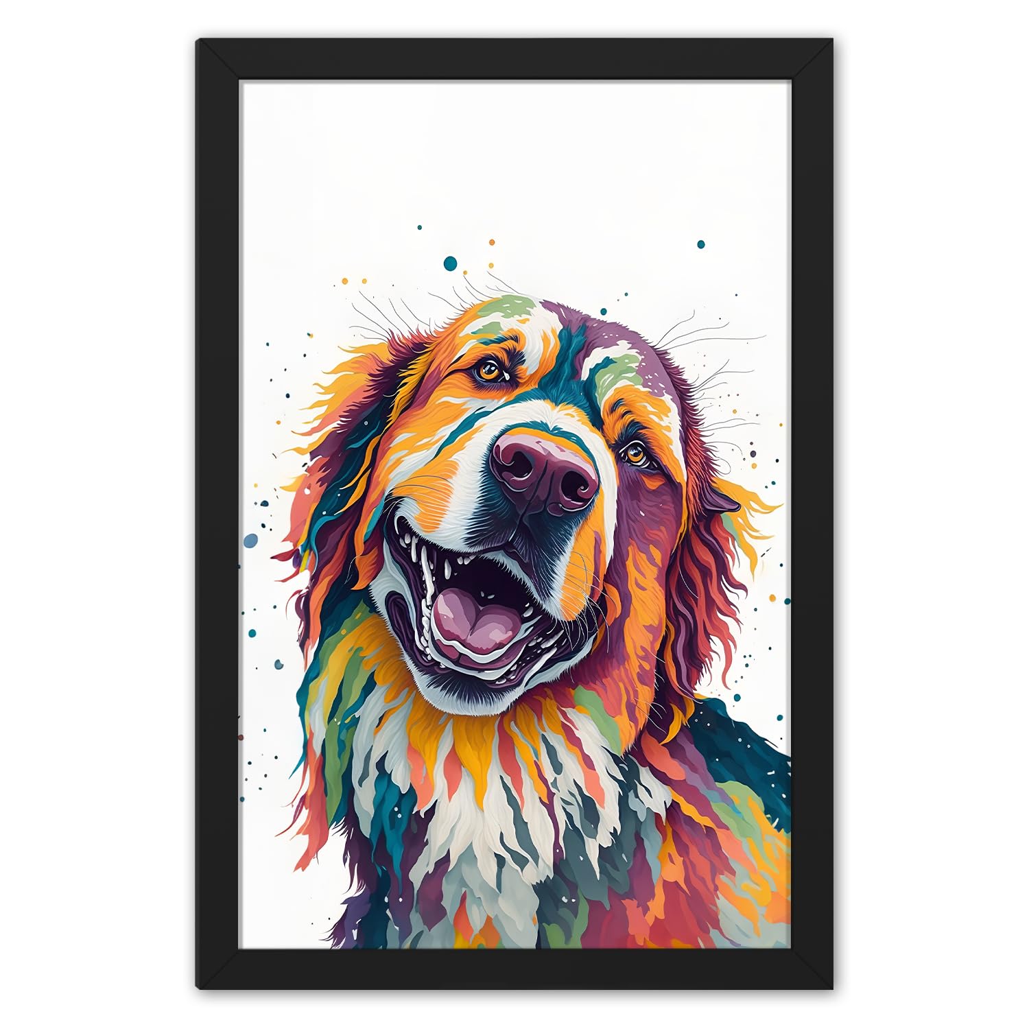 Ritwika's Artwork Of Pet Love Animal Colorful Dog In White Background - Original Artwork Poster Framed Painting | Perfect For Home Decor and Gift | Size 9.5 x 13.5 Inch, Set of 1