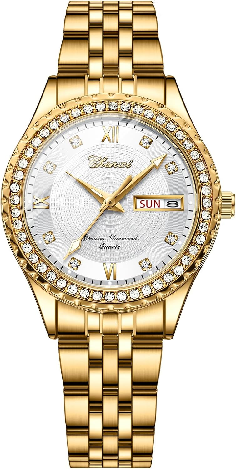 JewelryWe Couple Gold Quartz Watch: Business Analog Full Diamond Day Date 3ATM Waterproof Luminous Hands Stainless Steel Removable Strap Casual Wrist Watch Valentine's Day Gift for Valentine's Day