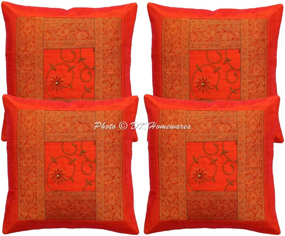 Boho Decorative Accent Throw Pillow Covers 16 Inch Polydupion Embroidered Floral Ethnic Square Sofa Cushion Covers (Size - 40x40 cm ; Color: Orange) - Set of 4 Pcs (Cover Only)
