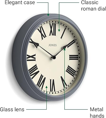 Miniatura 6 de JONES CLOCKS Hackney - Reloj de pared clásico con números romanos, 12 pulgadas, azul marino francés, diseño tradicional para cocinas, pasillos o