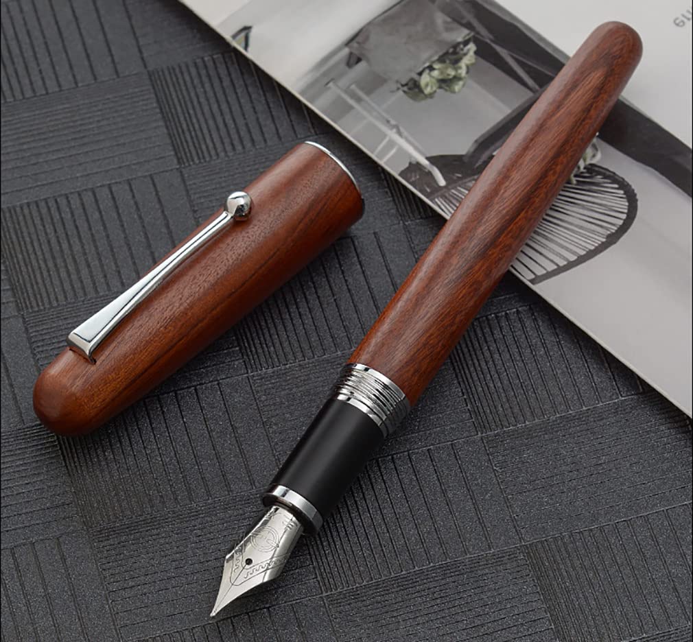 Gullor Natural Wood Fountain Pen Medium Nib with Ink Converter, Screw Cap Silver Clip - Image 4