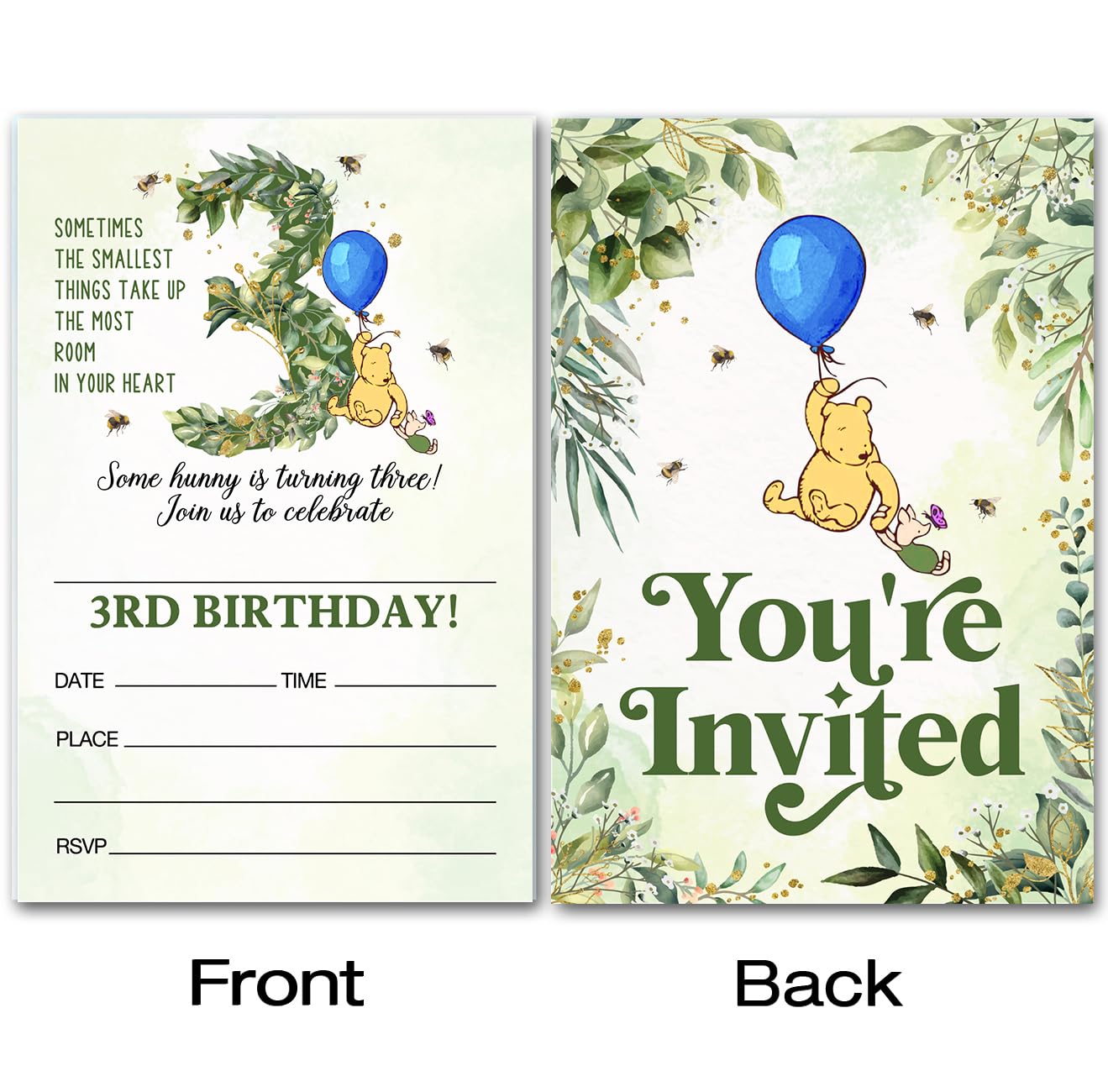 brayqu Winnie the Pooh 3rd Birthday Party Invitations Third Birthday Invitations Boy Pooh Bear 3 Year Old Boy Birthday Party Invites (20 Cards with Envelopes)