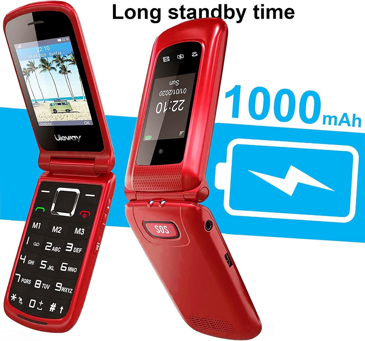 Teléfono móvil 4G con Botones Grandes para Personas Mayores, Desbloqueado, Simple y fácil de Usar, con Pantalla IPS de 2.4" + 1.8", botón SOS, estación de Carga y batería de 1000mAh