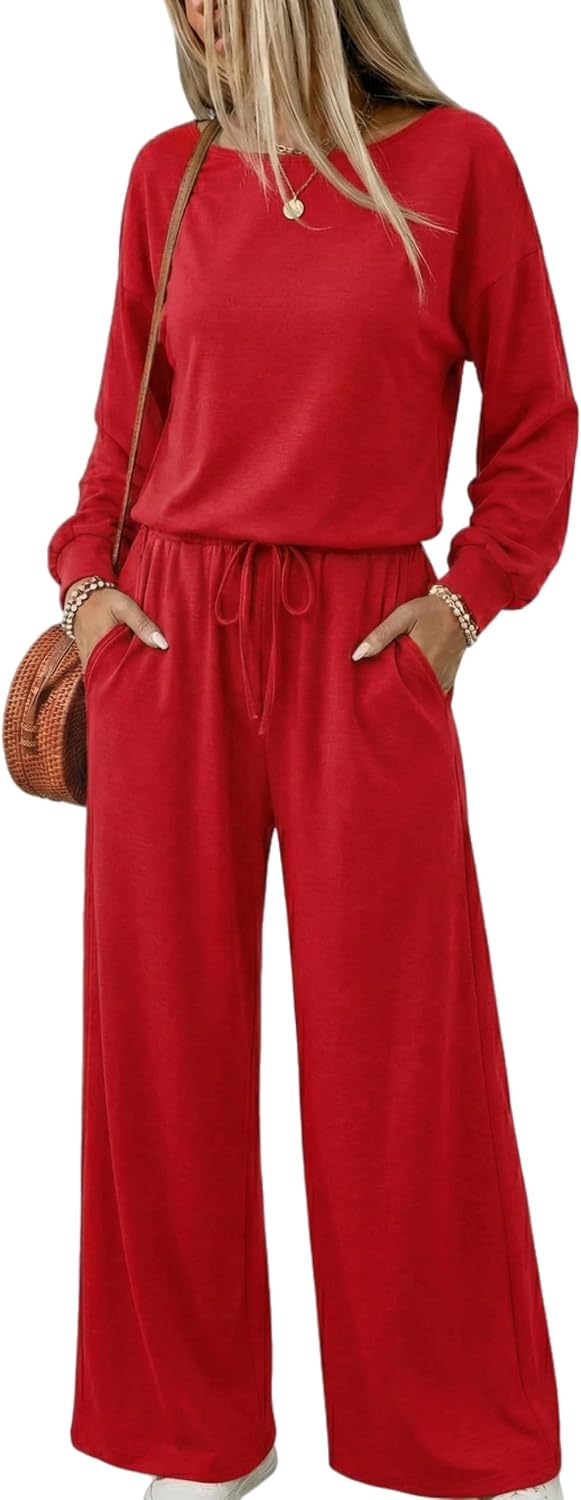 GAMISS Women's Long Sleeve Jumpsuits Casual Boat Neck Wide Leg Rompers Elastic Waist Drawstring Long Pants Overalls